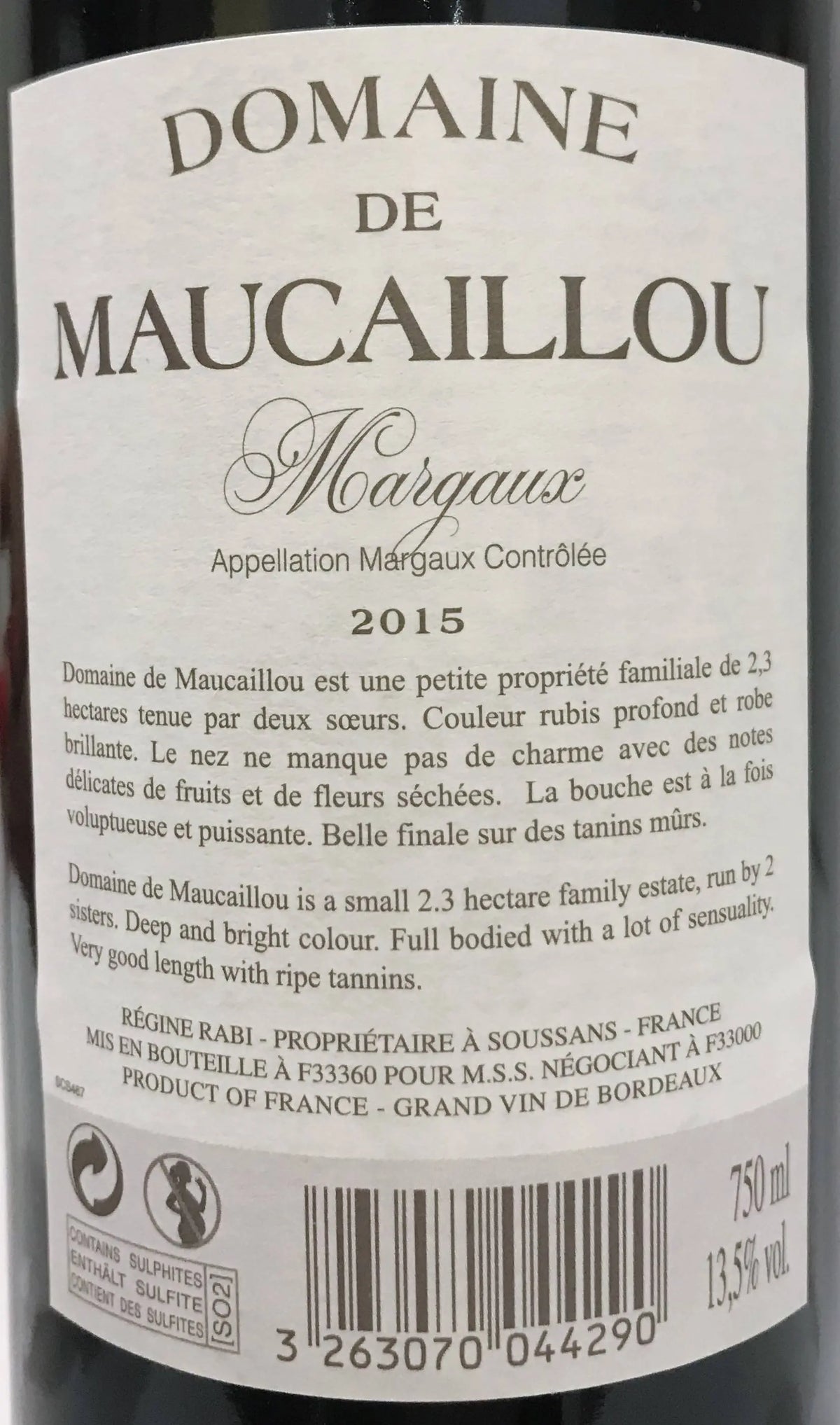 Zadní etiketa – Domaine de Maucaillou AOC