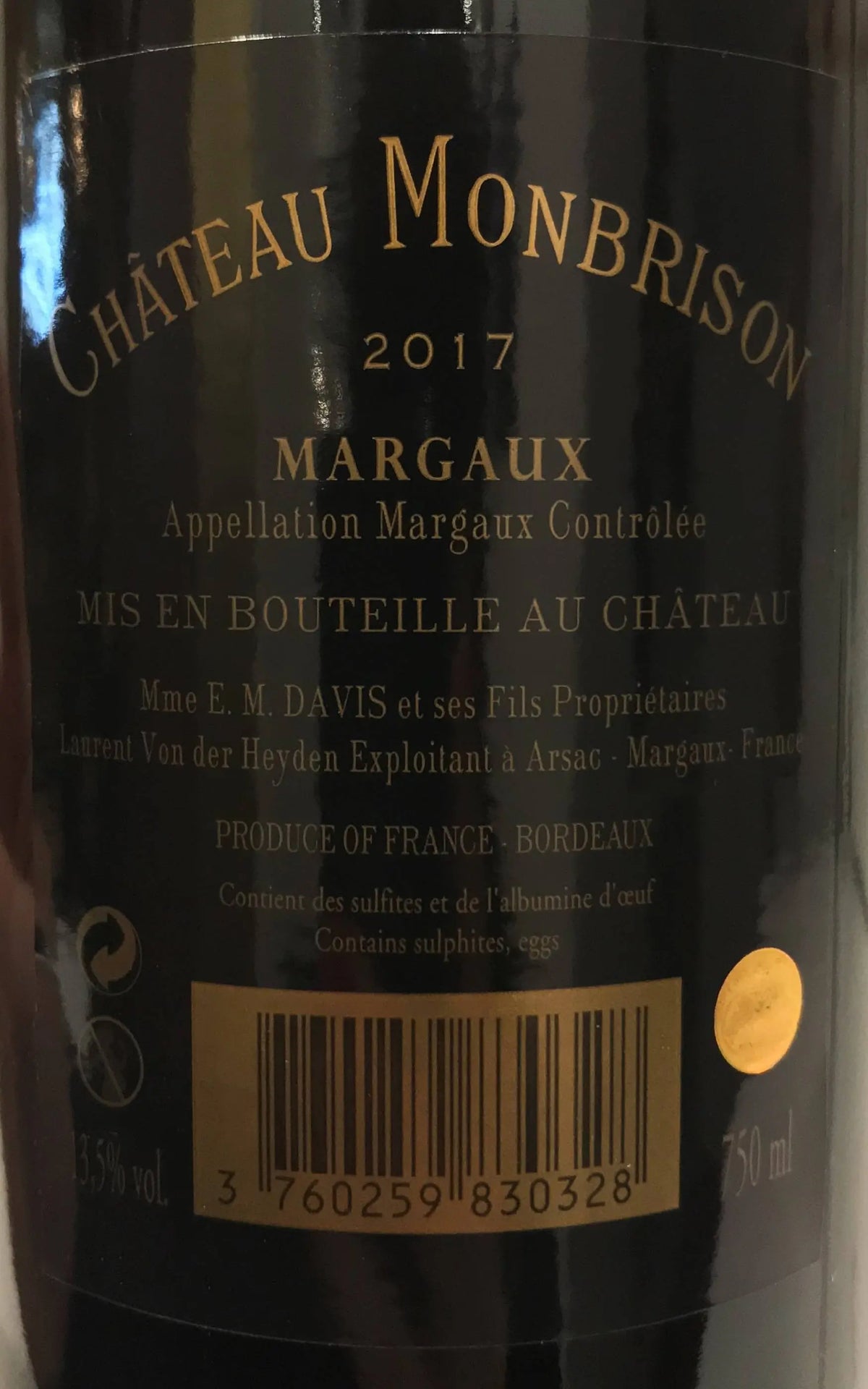 Zadní etiketa – Château Monbrison