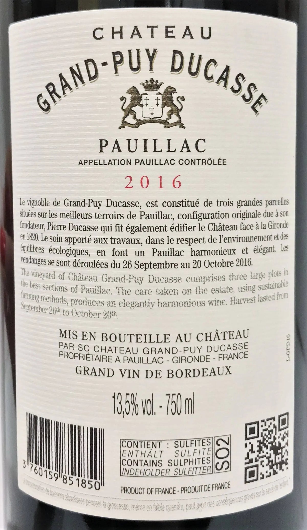 Zadní etiketa – Château Grand Puy Ducasse