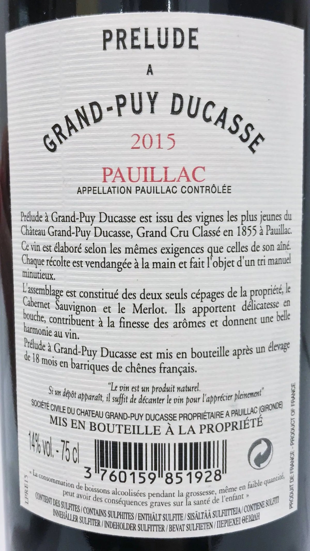 Zadní etiketa – Prelude  a Grand Puy Ducasse