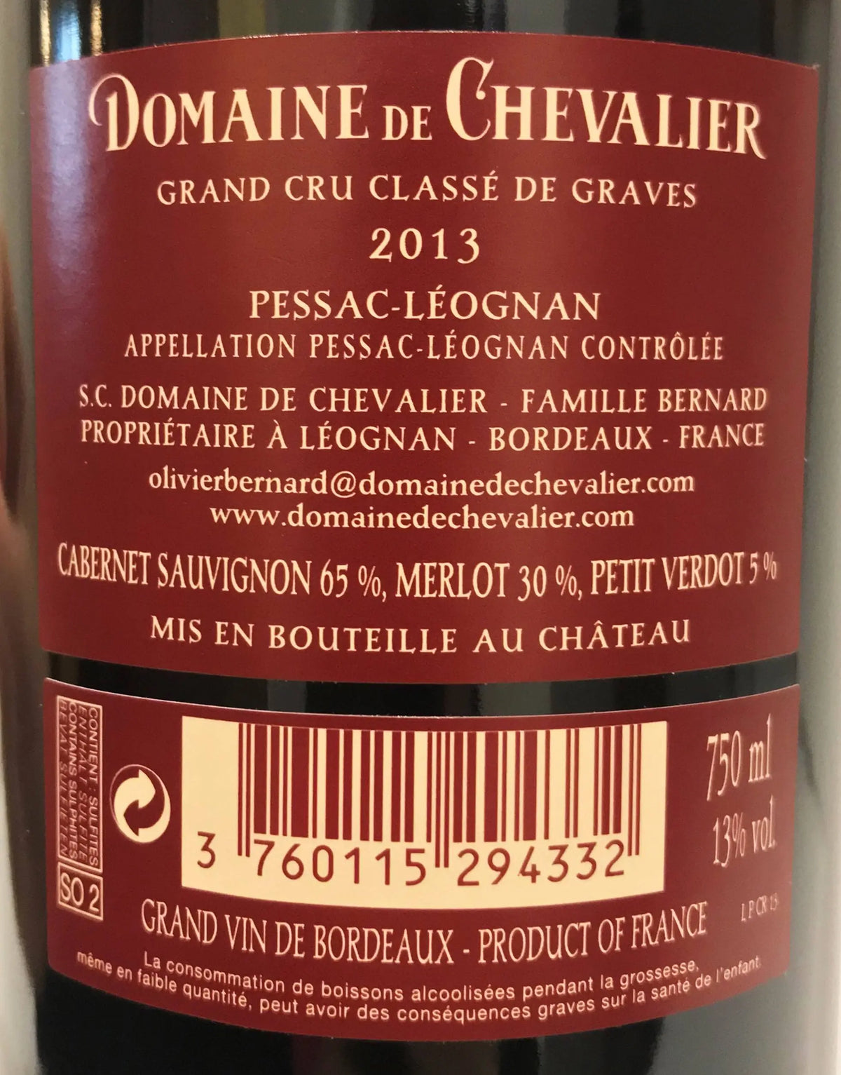 Zadní etiketa – Domaine de Chevalier Grand cru classé