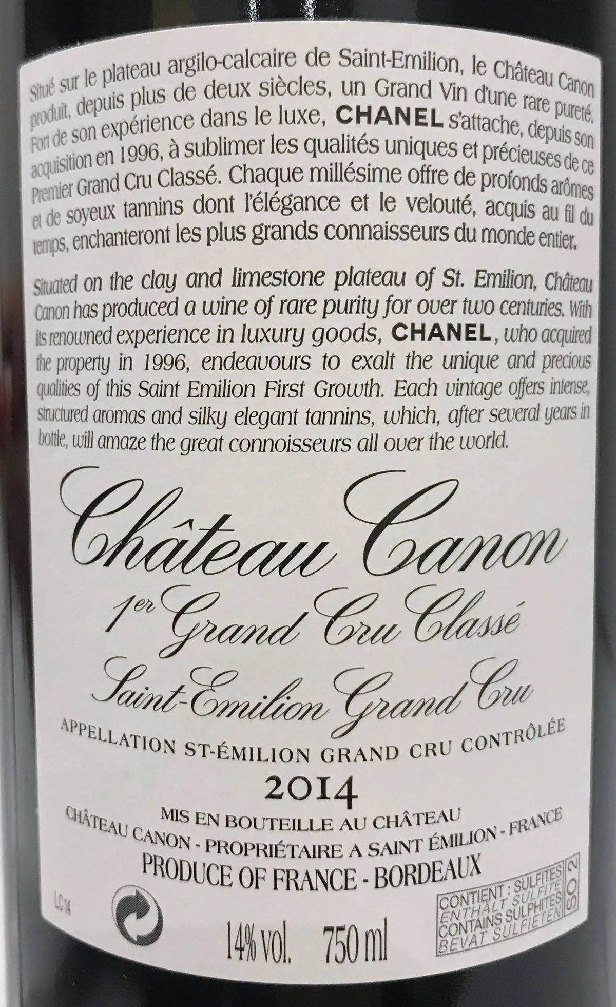 Zadní etiketa – Château Canon 1er Grand Cru classé B