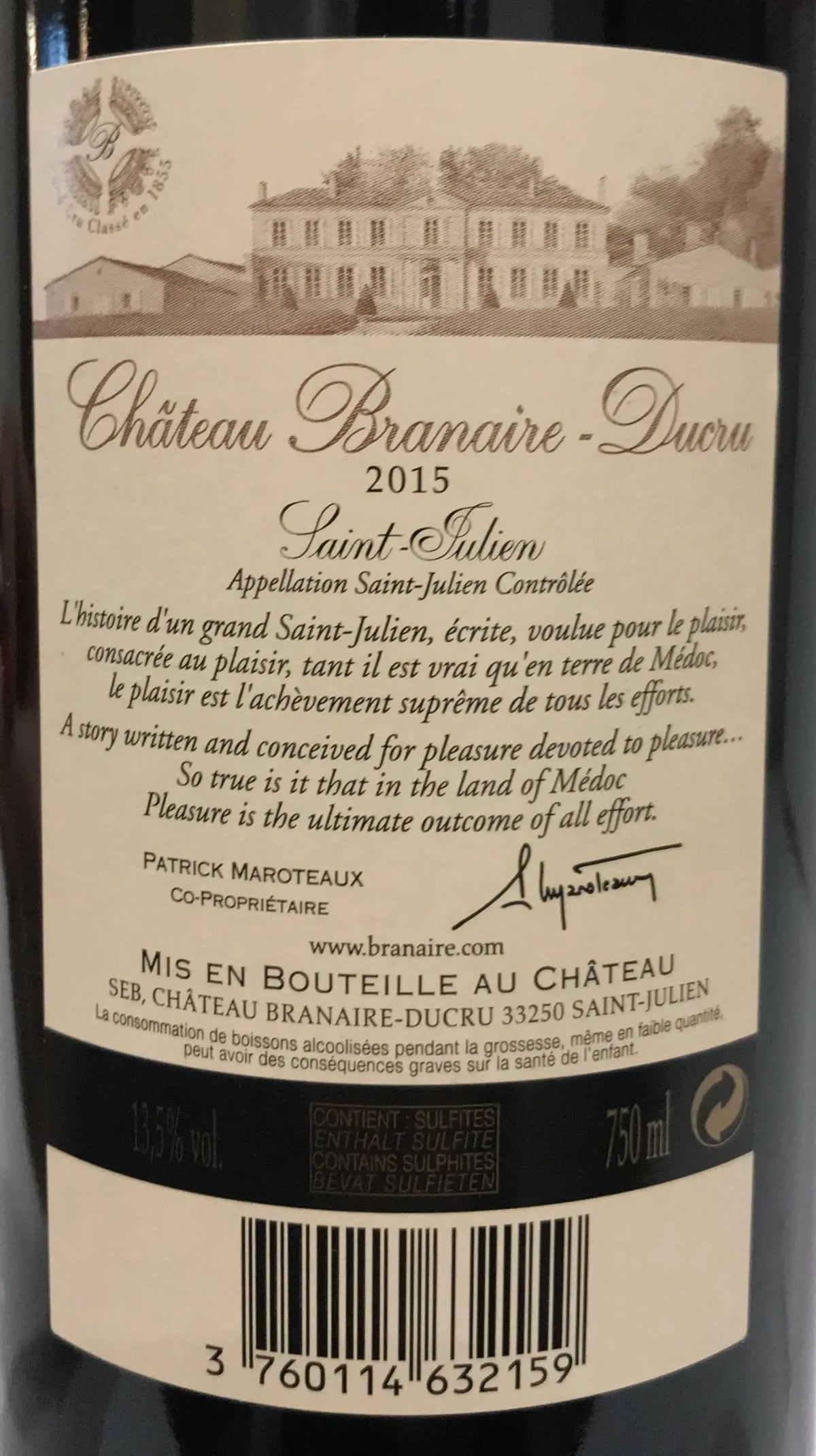 Zadní etiketa – Château Branaire Ducru 4éme Cru classé