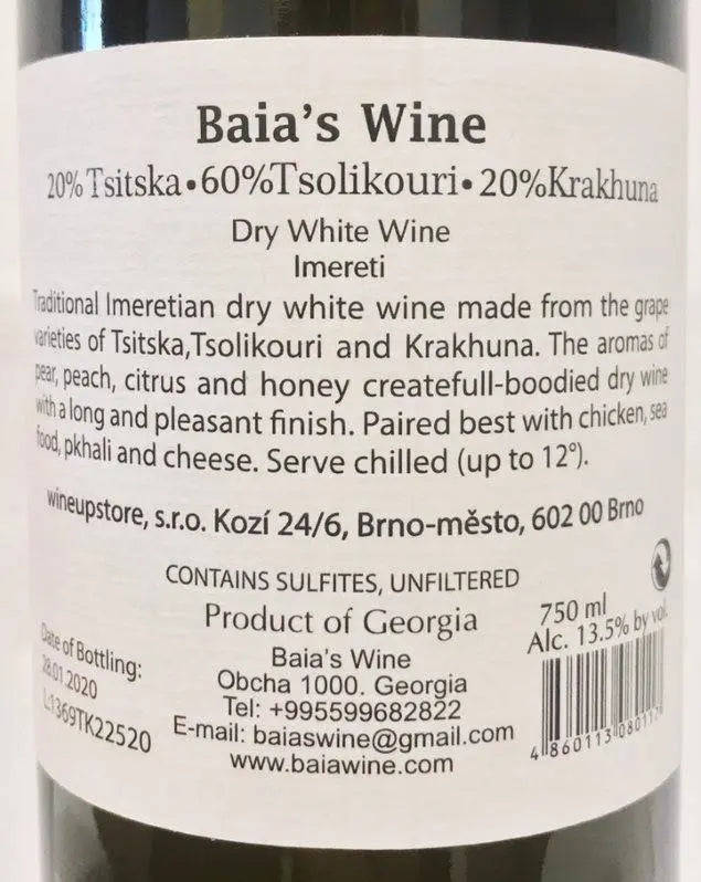 Zadní etiketa – Baia's Wine