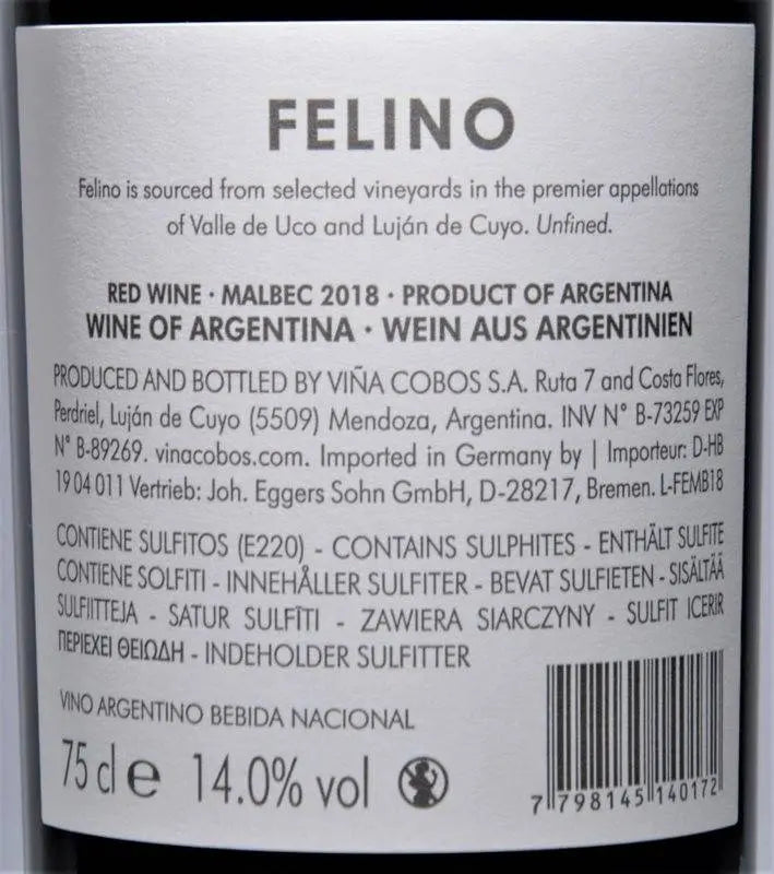 Zadní etiketa – Malbec, Felino