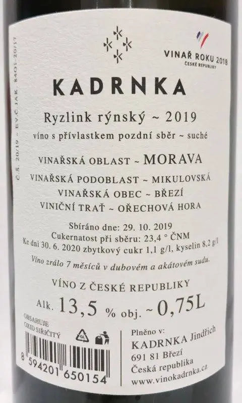 Zadní etiketa – K3 Ryzlink rýnský Sonberk