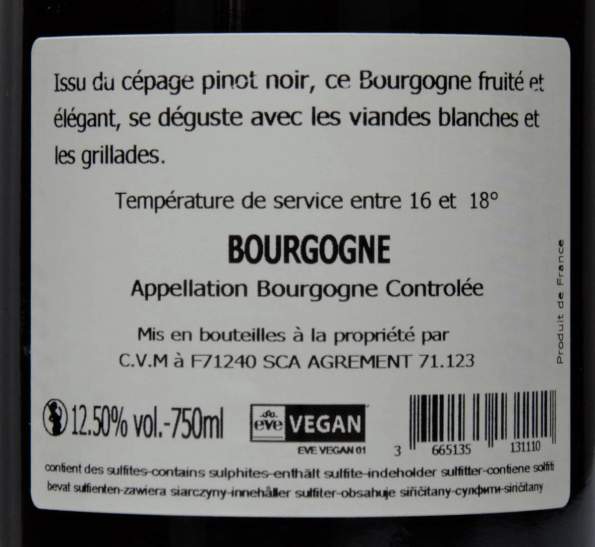 Zadní etiketa – Bourgogne Pinot noir AOC