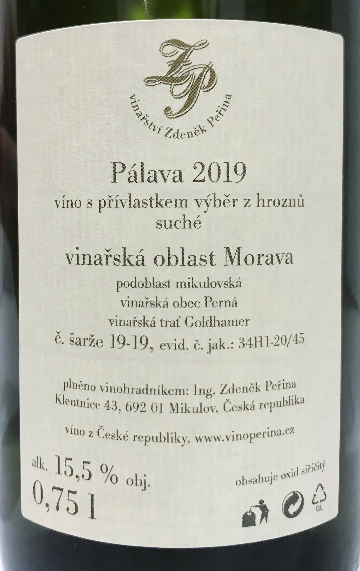 Zadní etiketa – Pálava Goldhamer