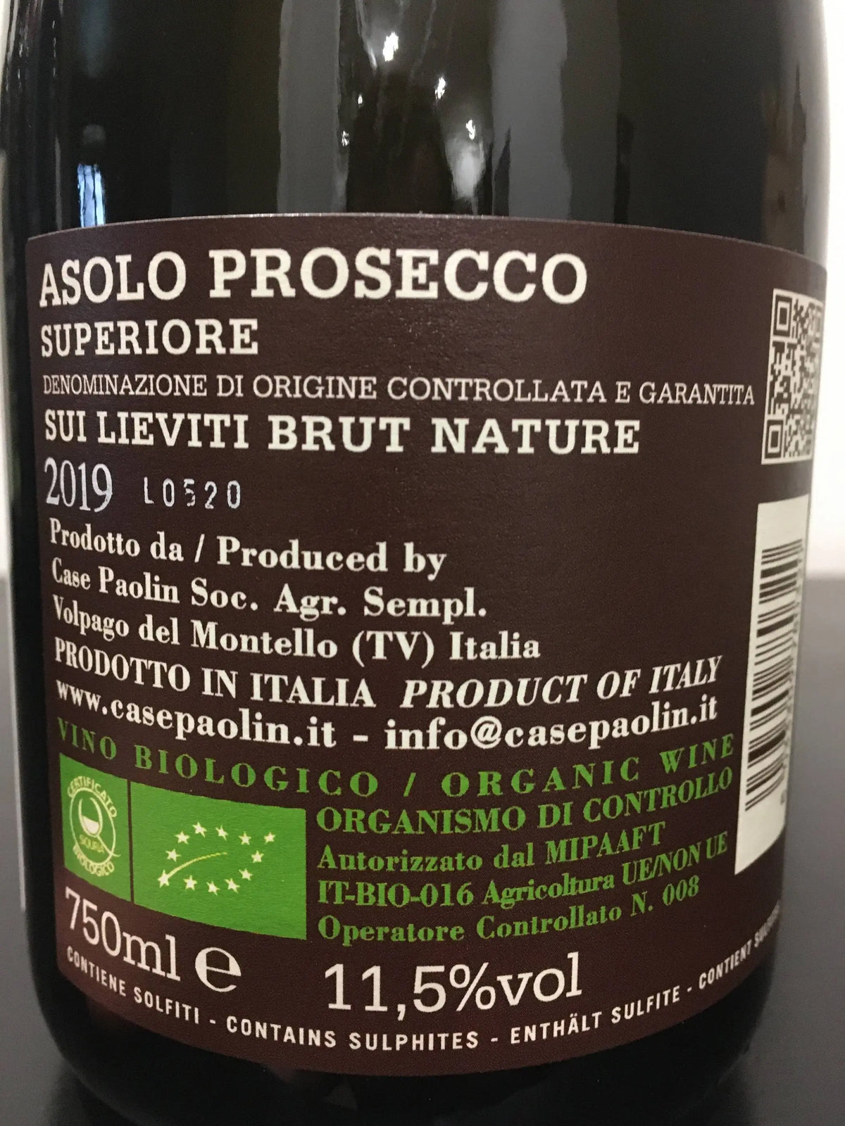 Zadní etiketa – Col Fondo Asolo Prosecco Spumante