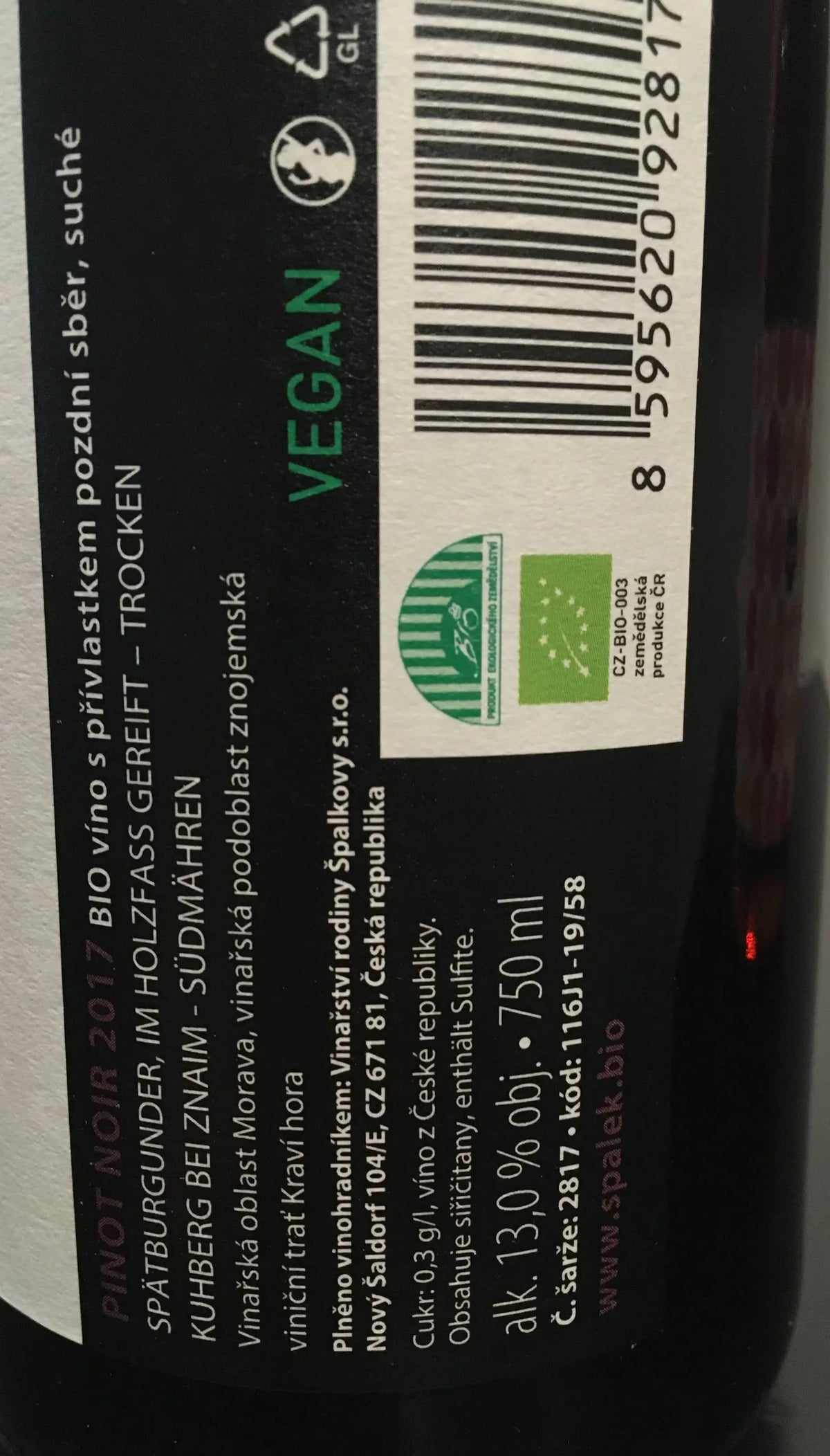 Zadní etiketa – Pinot Noir