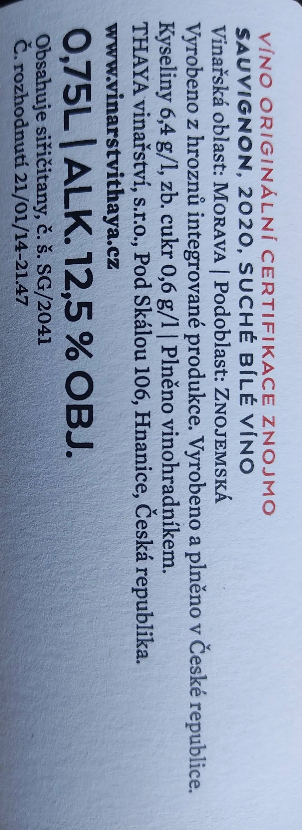 Zadní etiketa – Sauvignon VOC