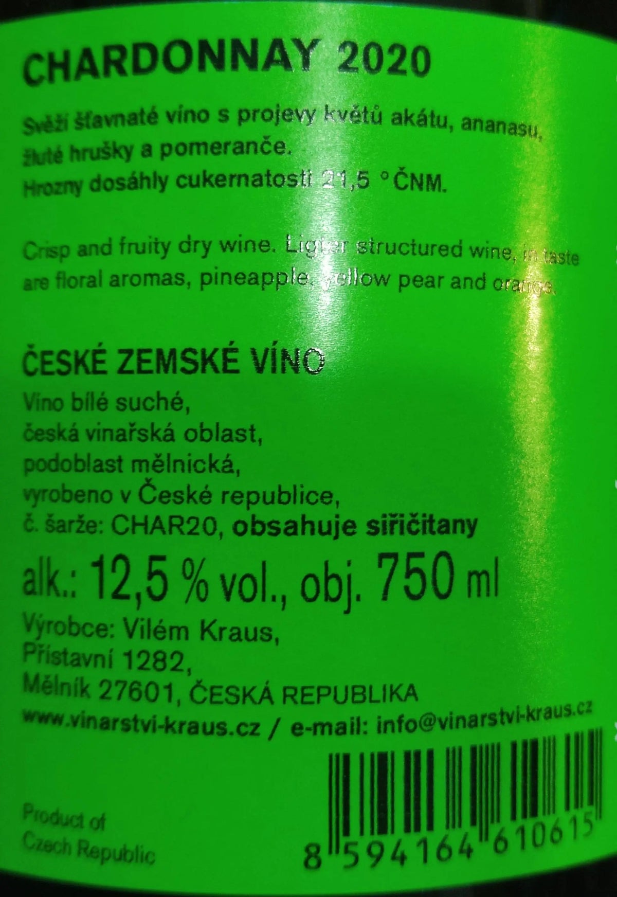 Zadní etiketa – Chardonnay