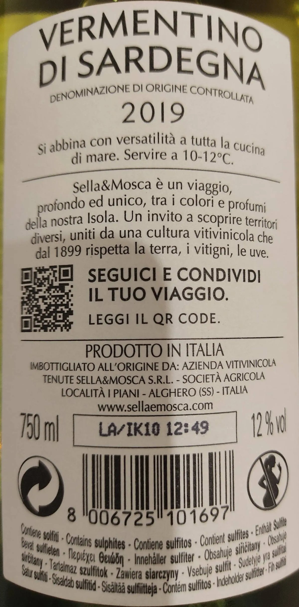Zadní etiketa – Vermentino di Sardegna