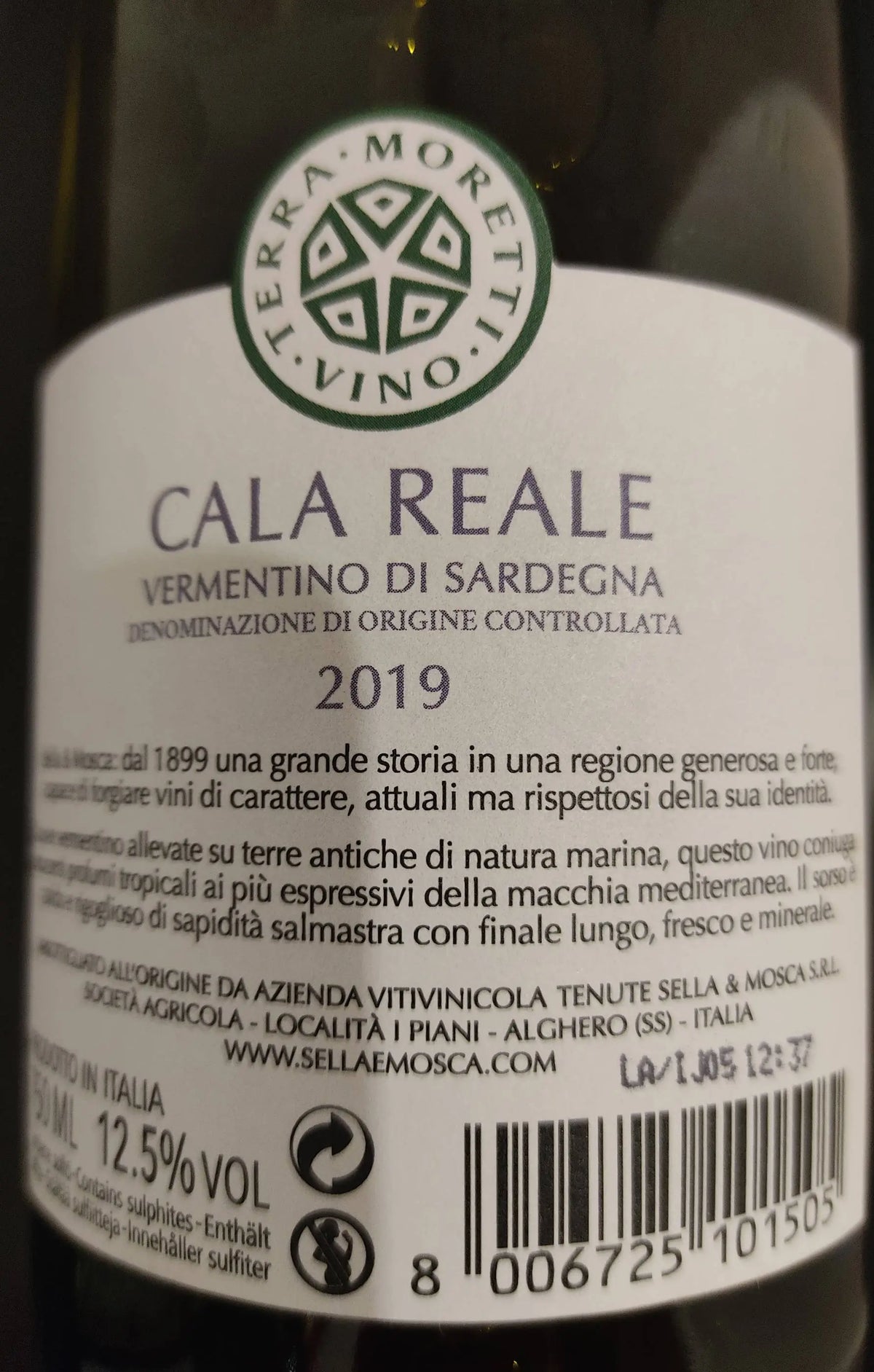 Zadní etiketa – Cala Reale - Vermentino di Sardegna