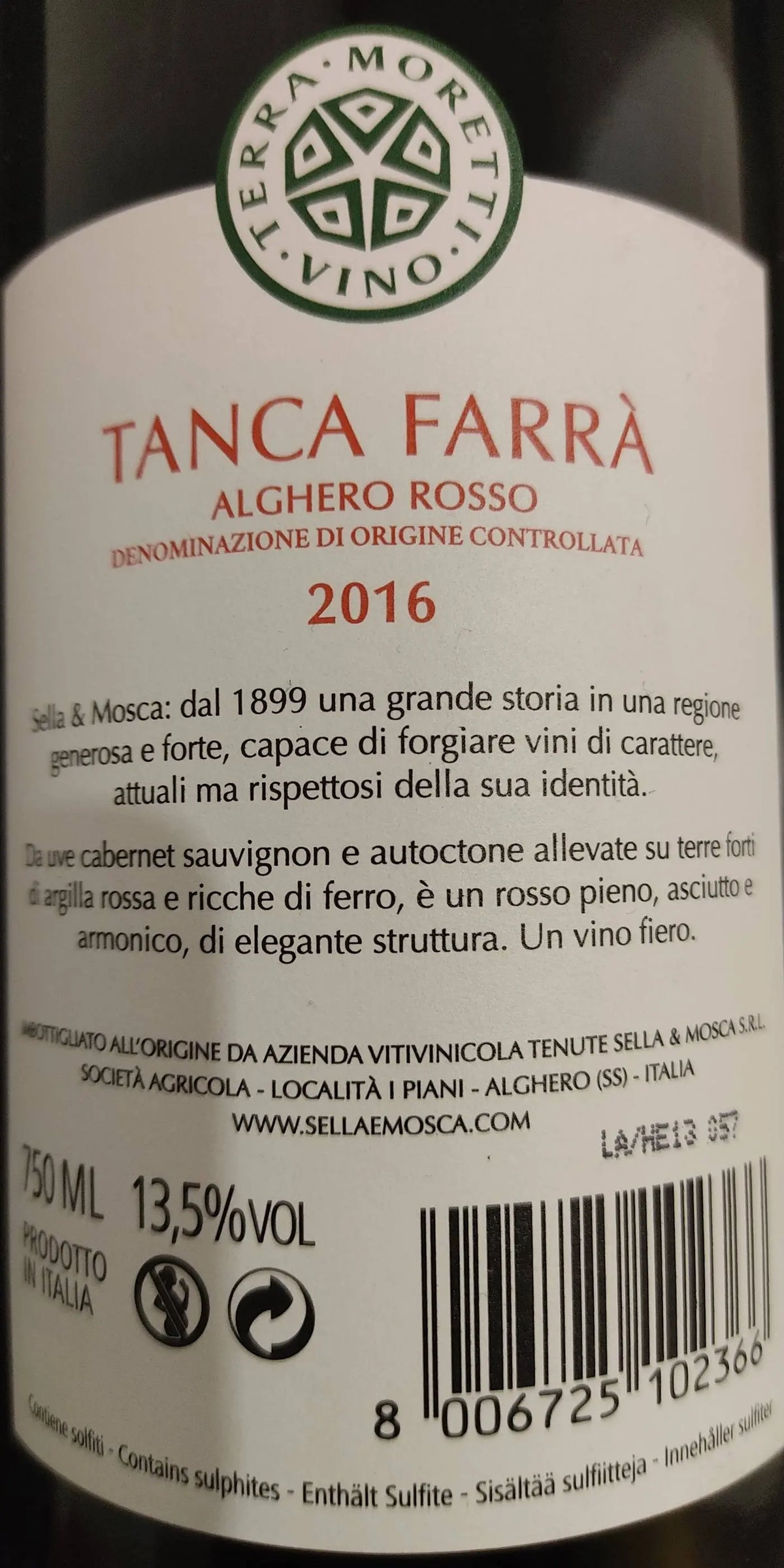 Zadní etiketa – Tanca Farra Alghero rosso