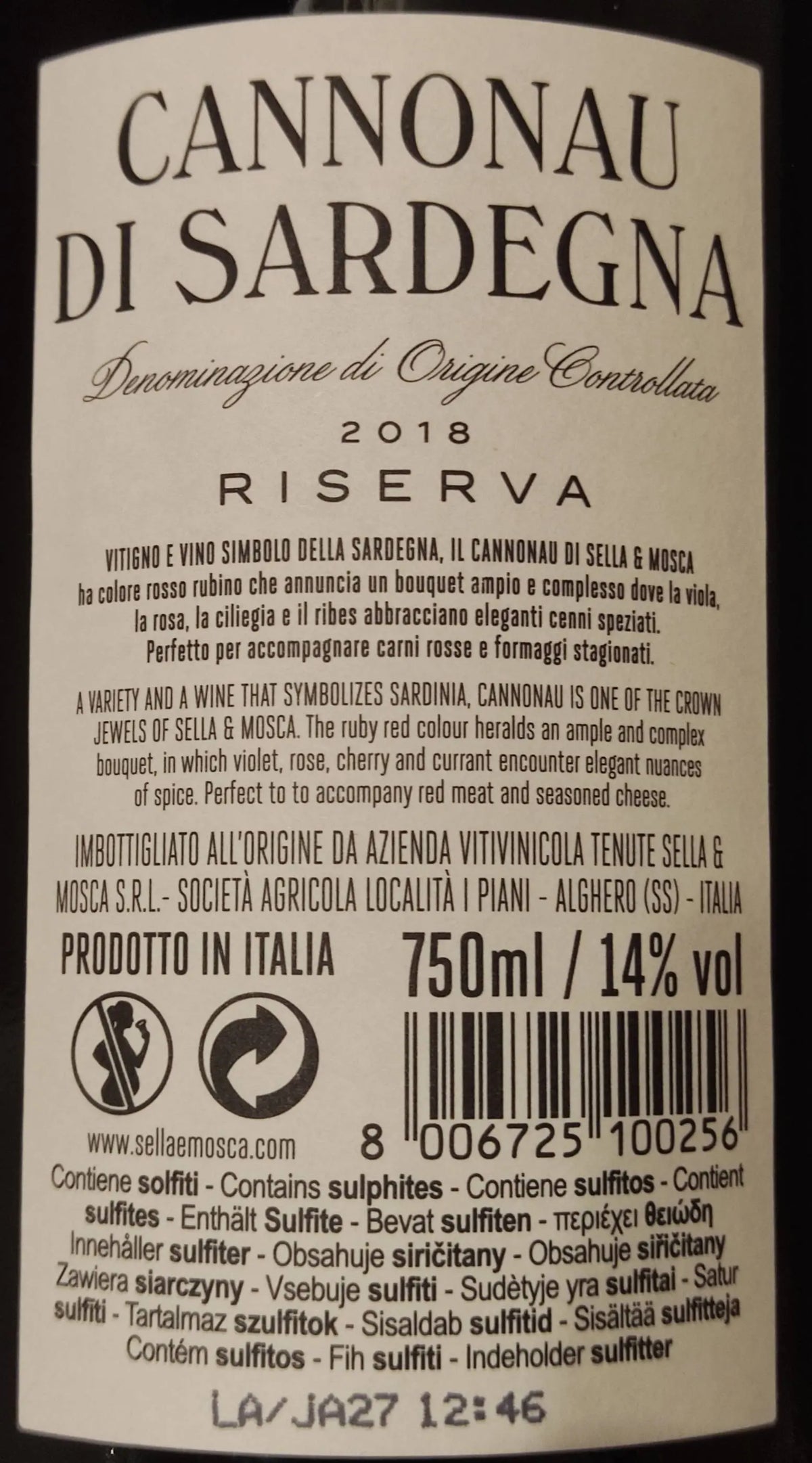 Zadní etiketa – Cannonau di Sardegna Riserva