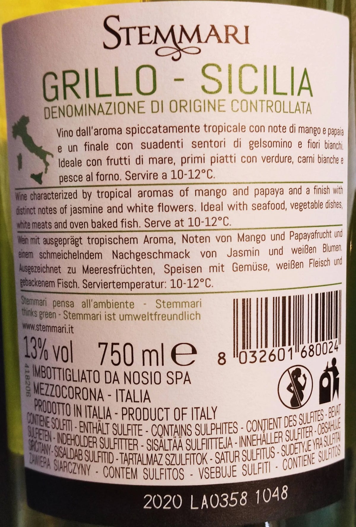 Zadní etiketa – Grillo - Stemmari