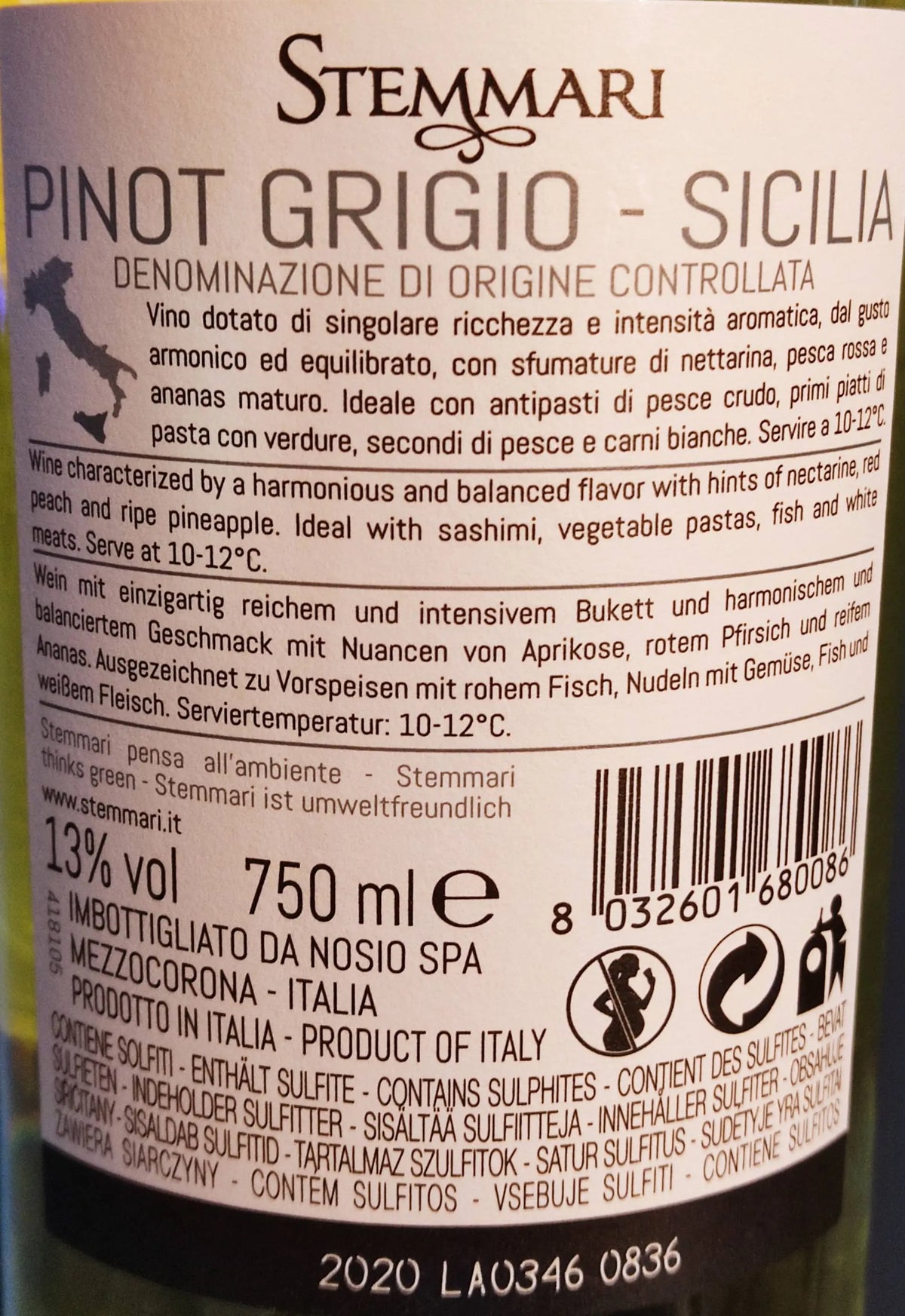 Zadní etiketa – Pinot grigio - Stemmari
