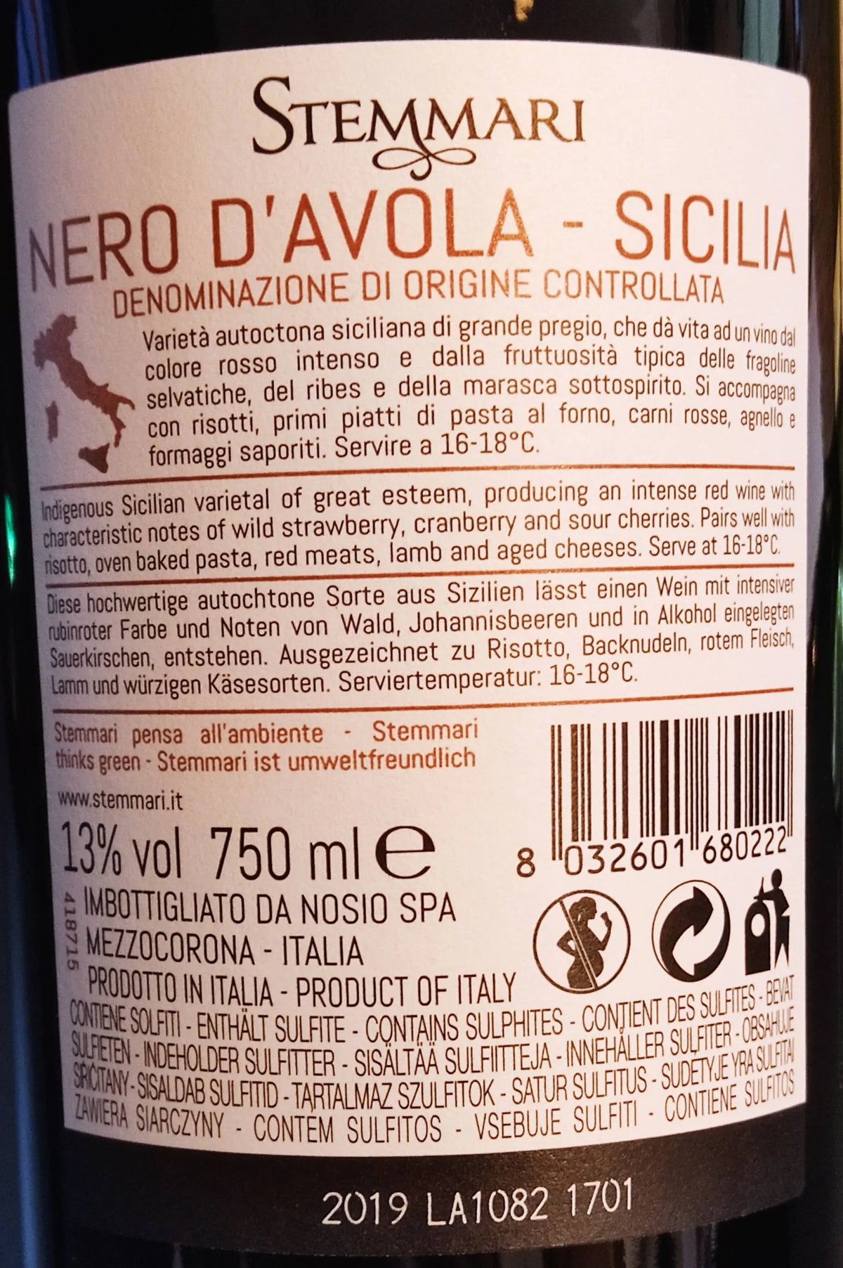 Zadní etiketa – Nero d´Avola - Stemmari
