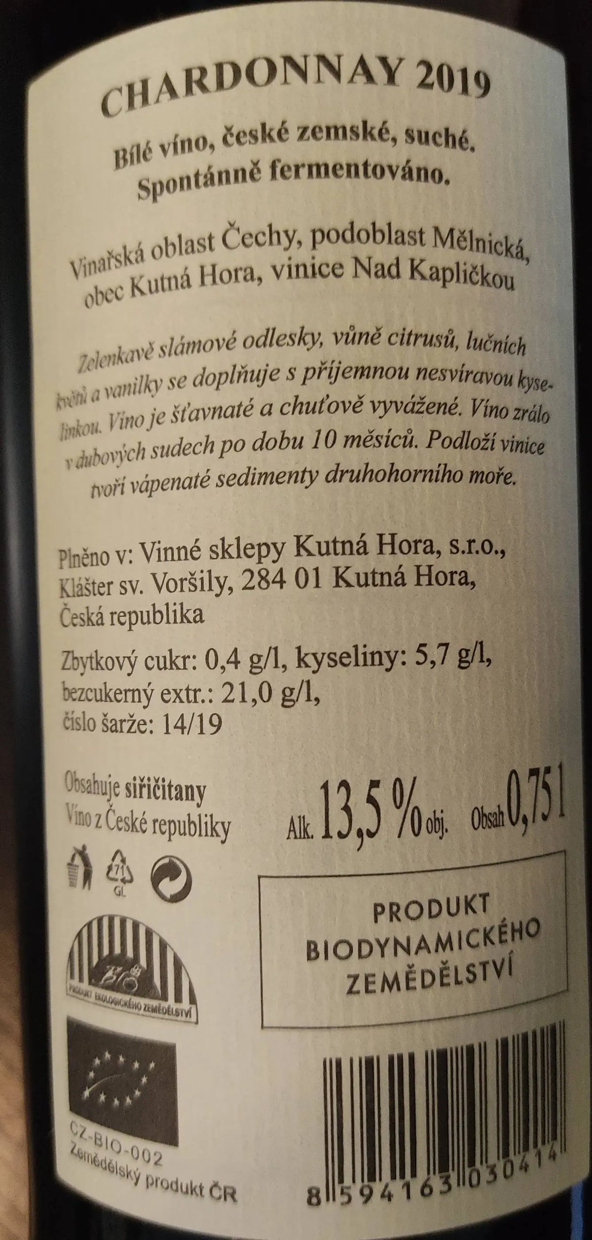 Zadní etiketa – Chardonnay