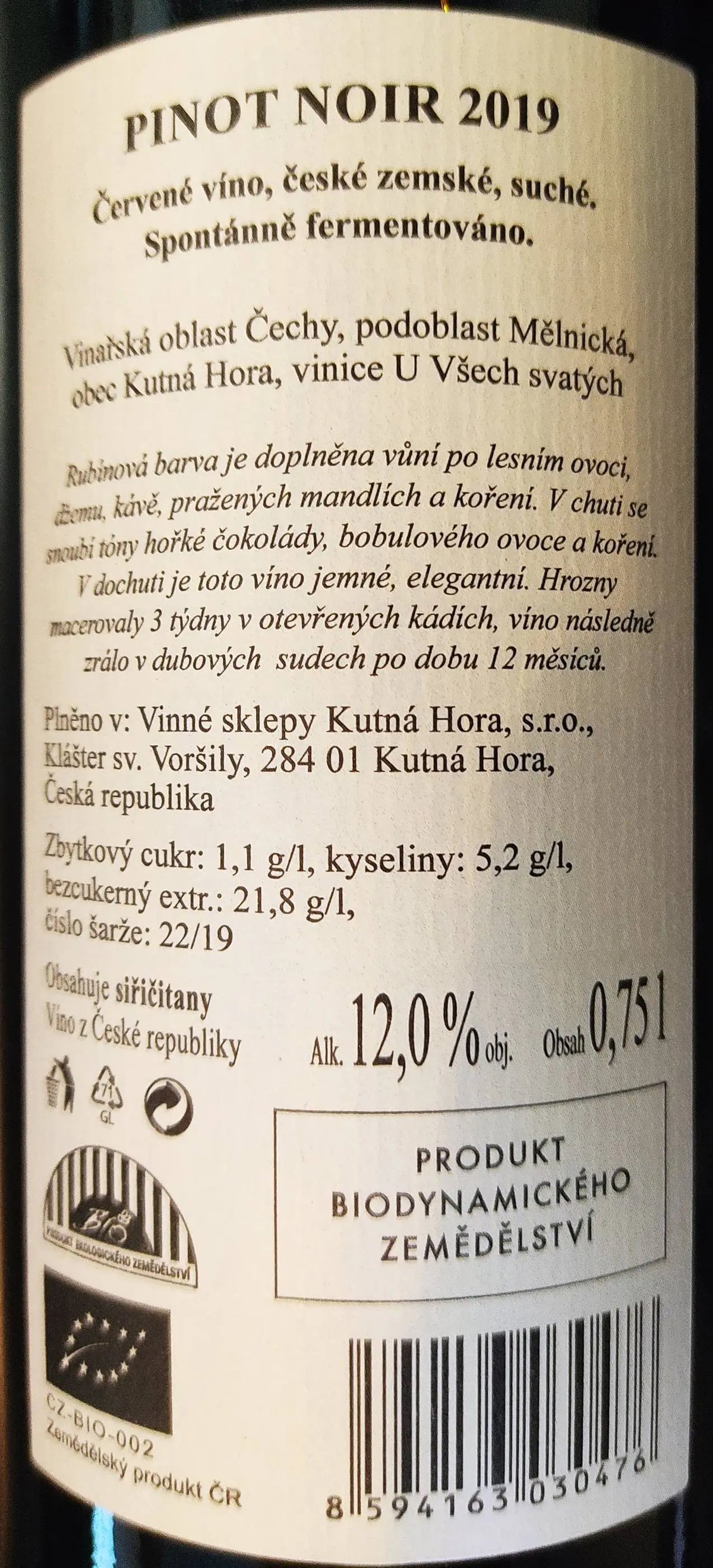 Zadní etiketa – Pinot noir
