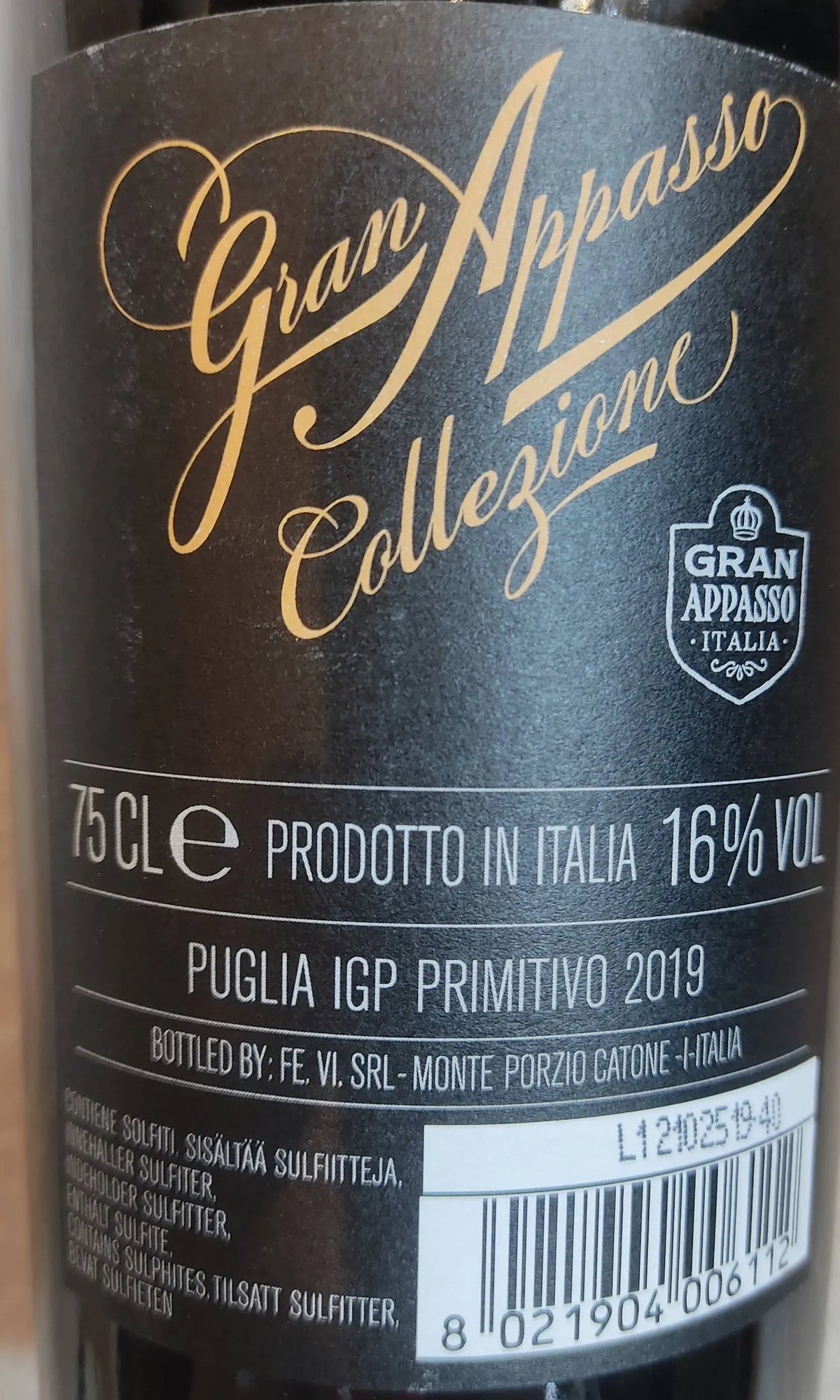 Zadní etiketa – Gran Appasso Collezione Primitivo Puglia