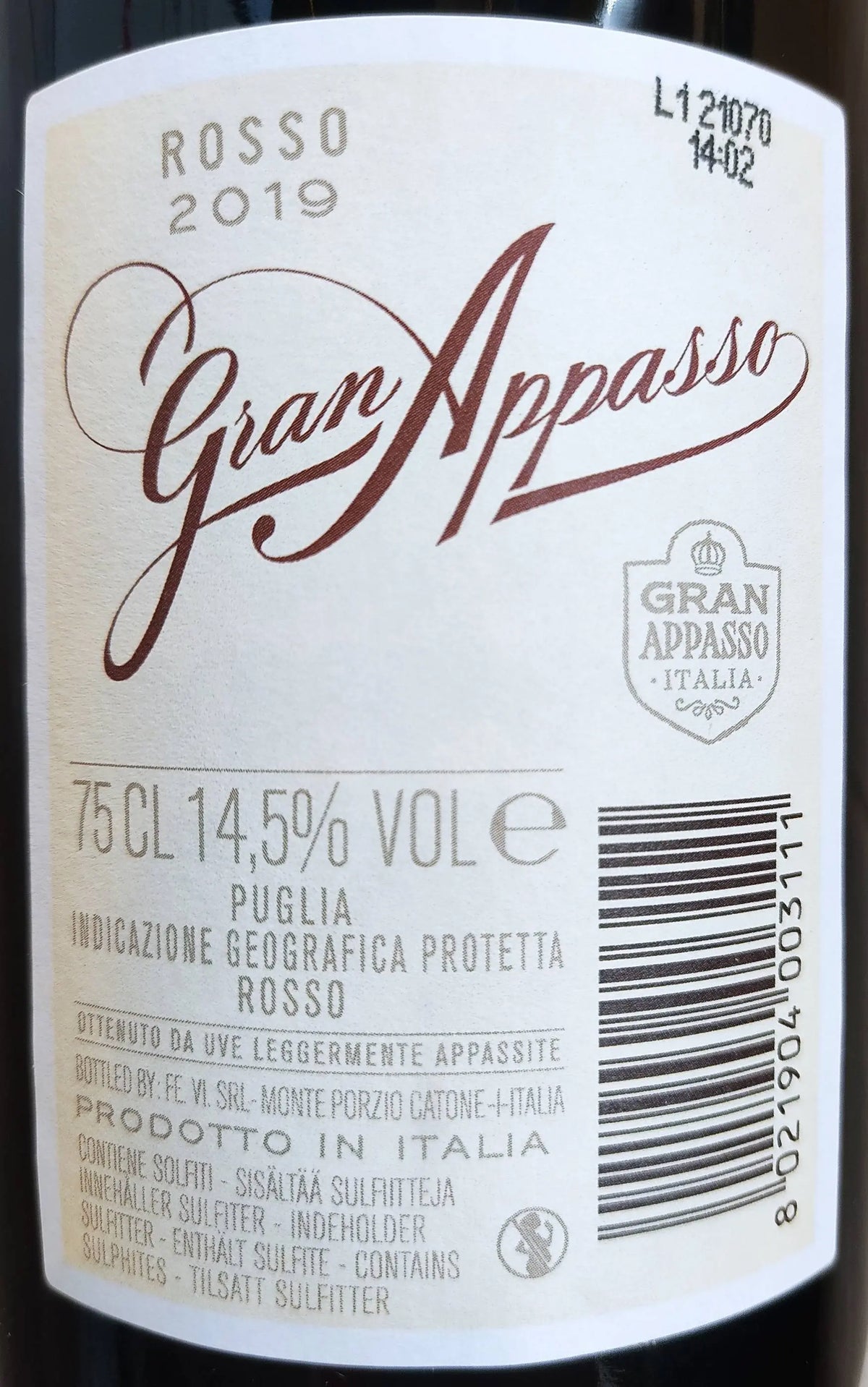 Zadní etiketa – Gran Appasso Puglia rosso