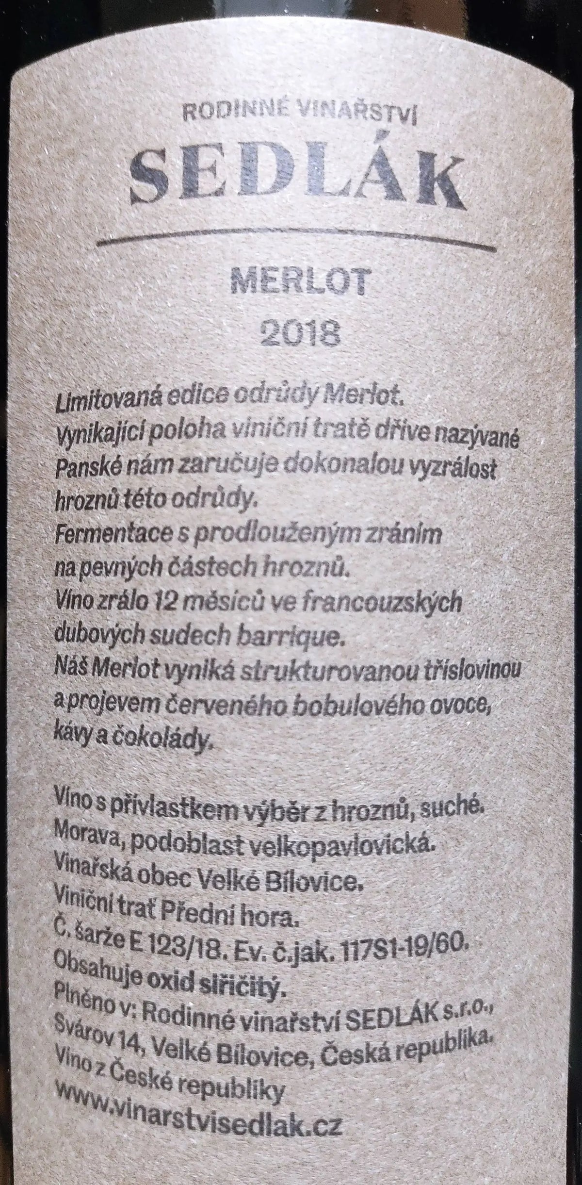 Zadní etiketa – Merlot barrique