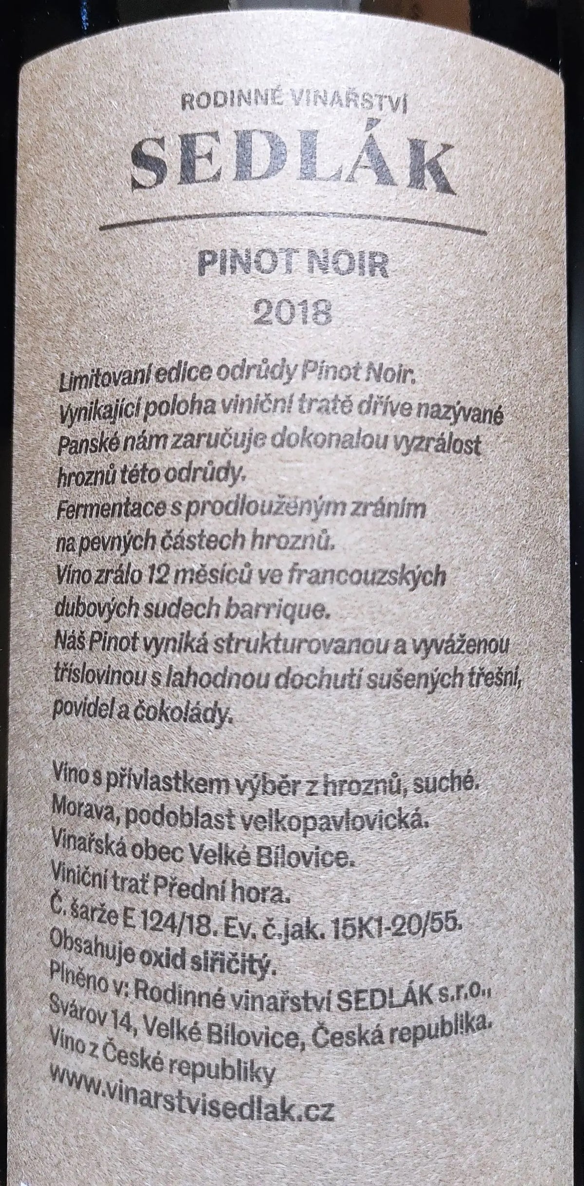 Zadní etiketa – Pinot noir barrique