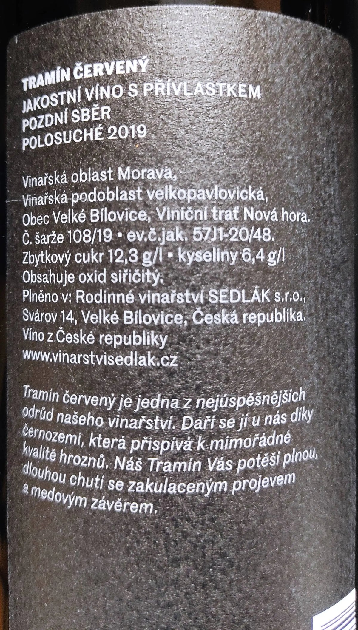 Zadní etiketa – Tramín červený
