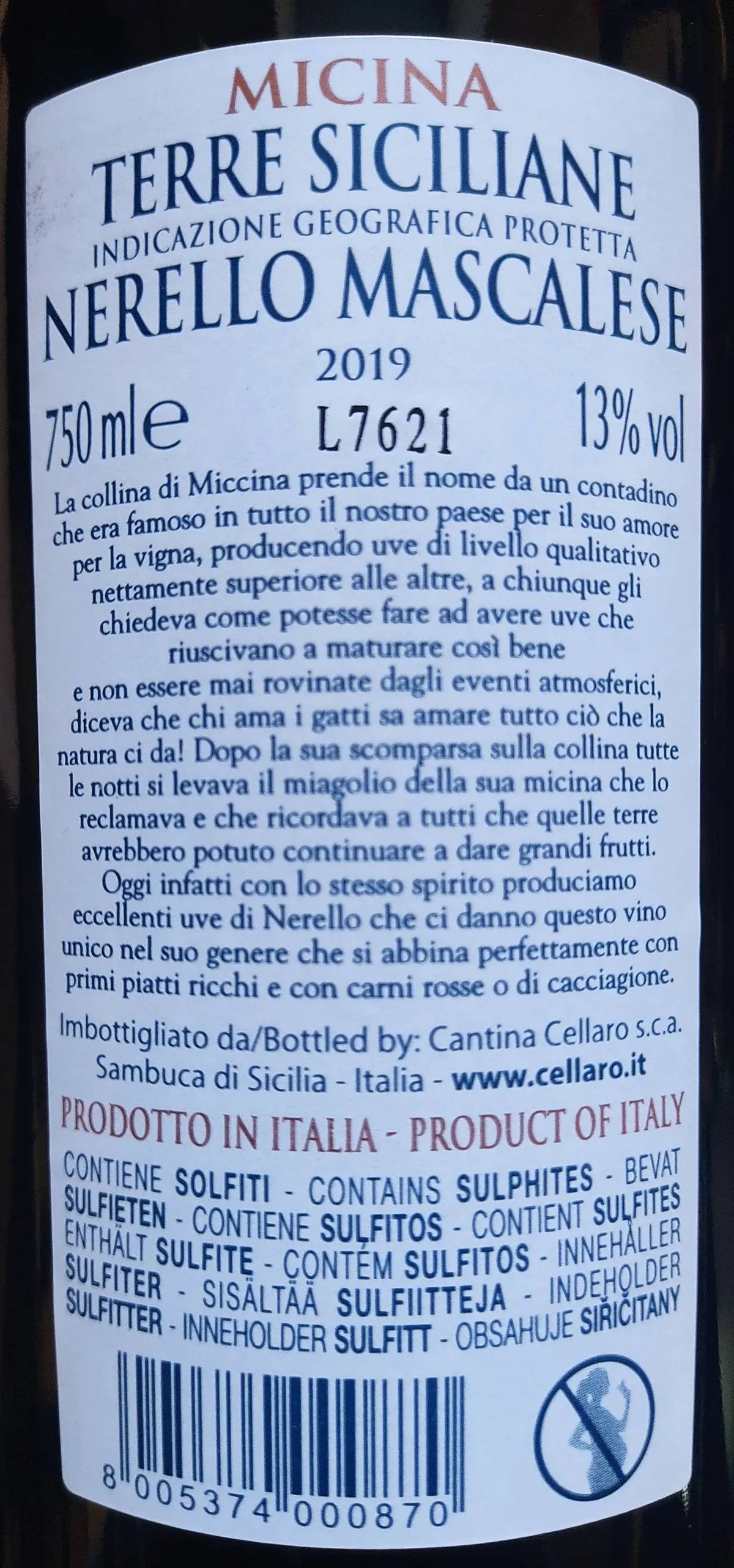 Zadní etiketa – Nerello Mascalese "Micina", Cantine Cellaro
