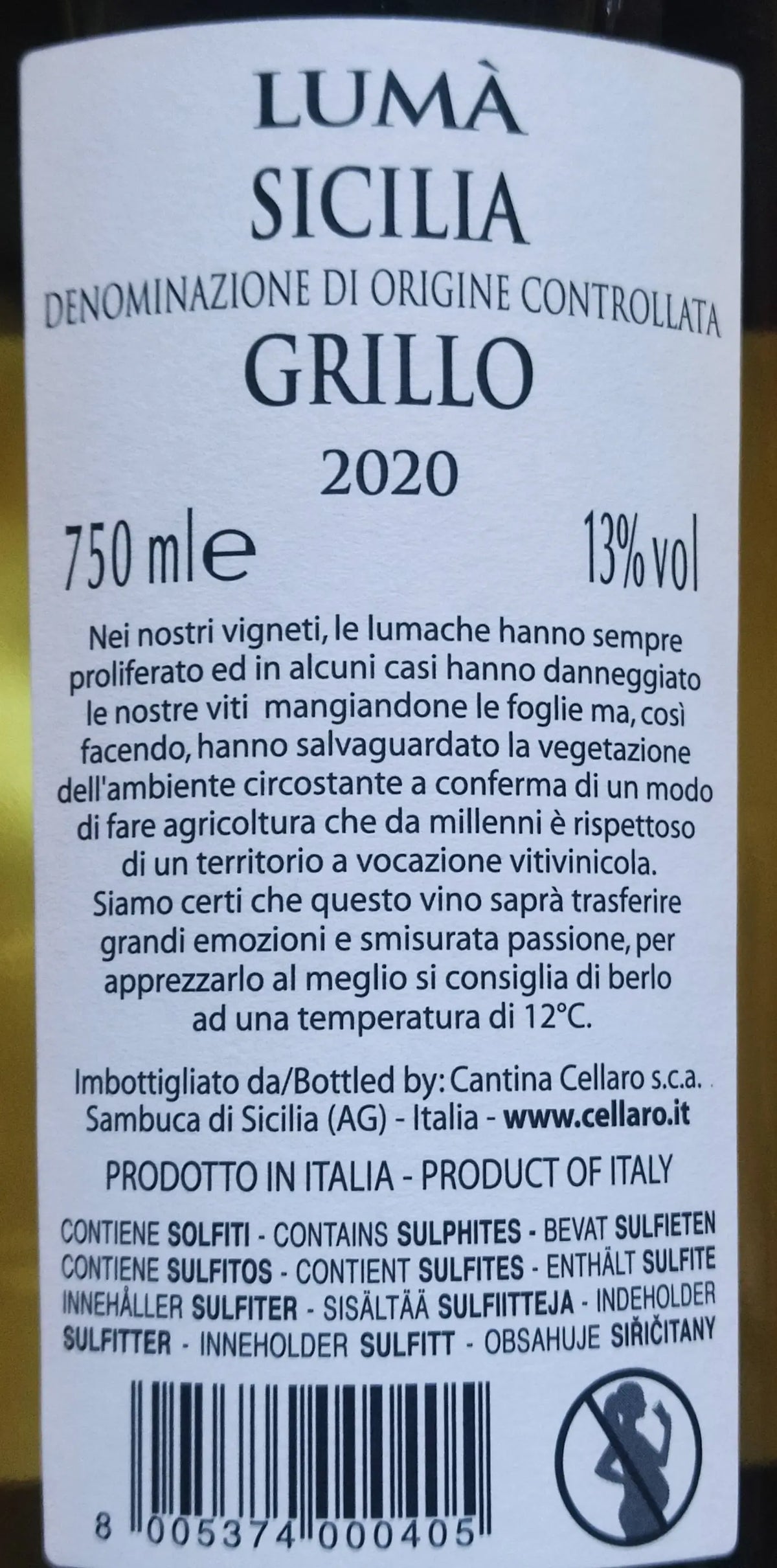 Zadní etiketa – Grillo "Luma", Cantine Cellaro