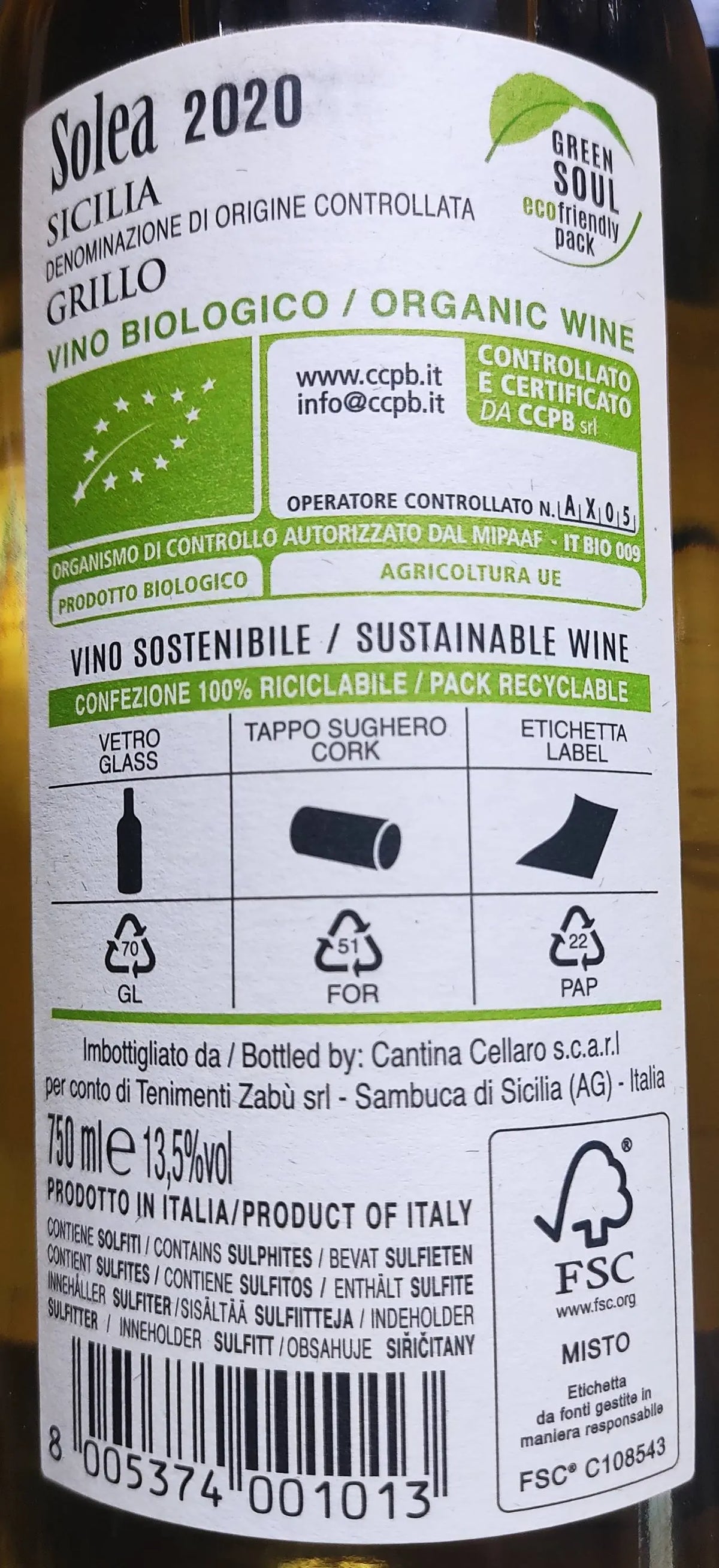 Zadní etiketa – Grillo Biologico "Usulea", Cantine Cellaro
