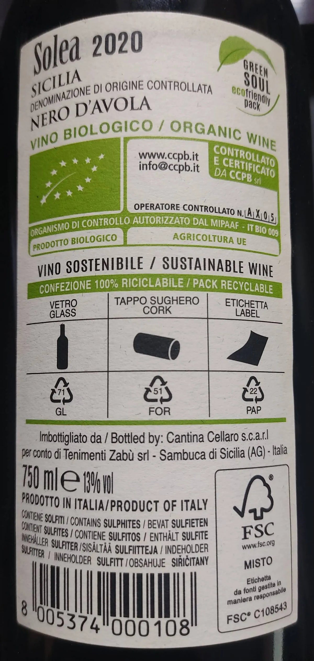 Zadní etiketa – Nero d'Avola Biologico "Usulea", Cantine Cellaro