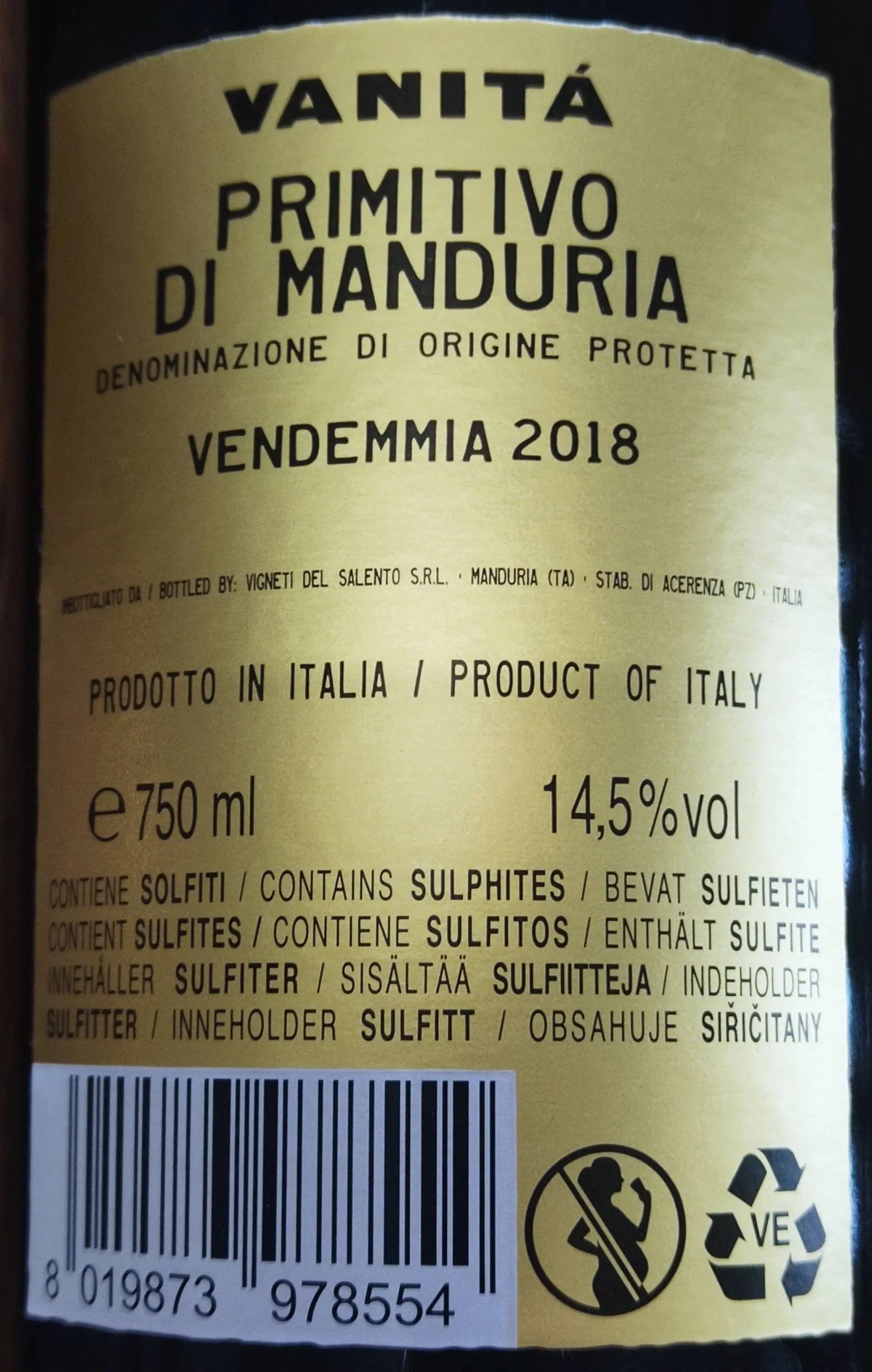 Zadní etiketa – Primitivo di Manduria, Vanitá