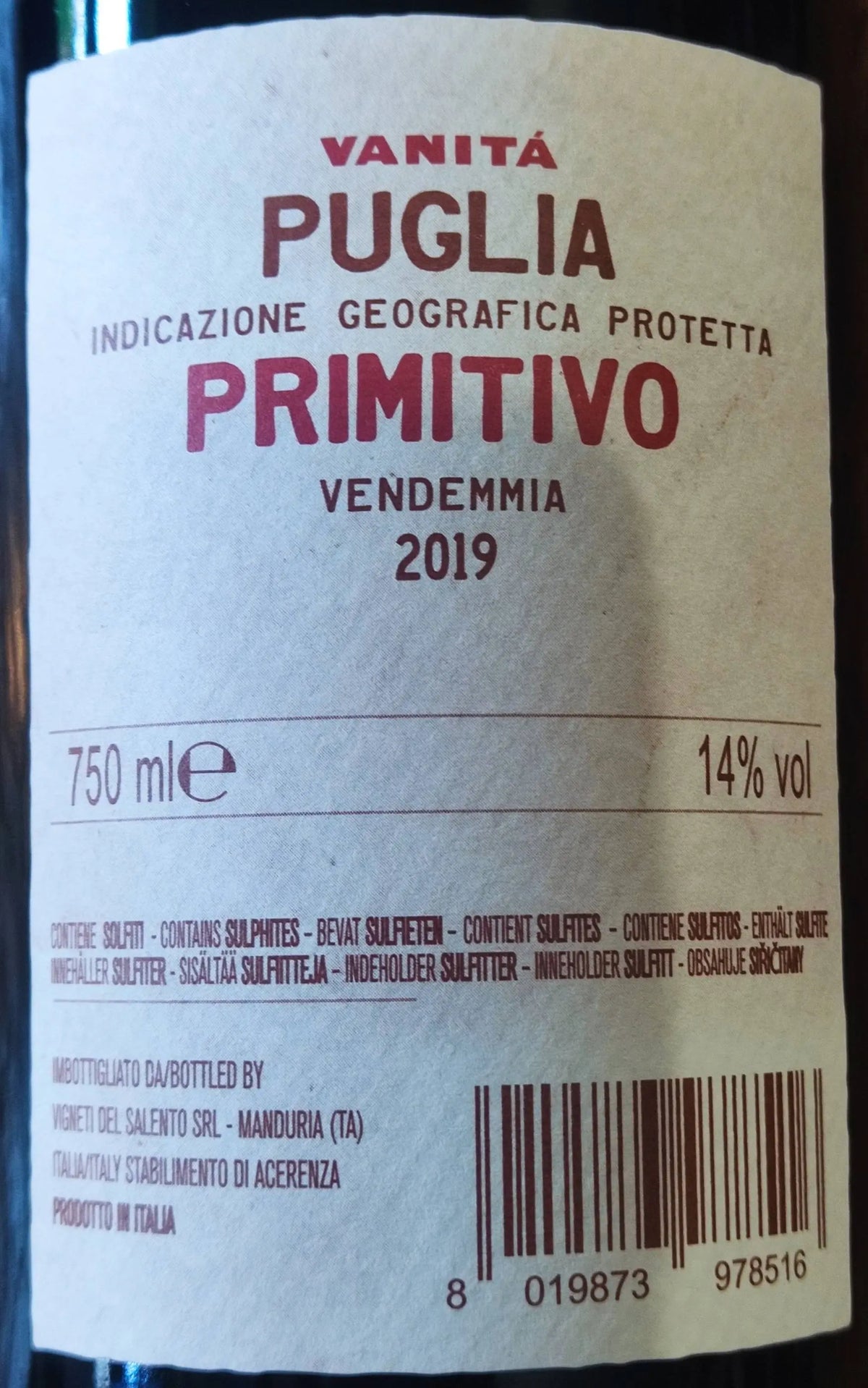 Zadní etiketa – Primitivo, Vanitá