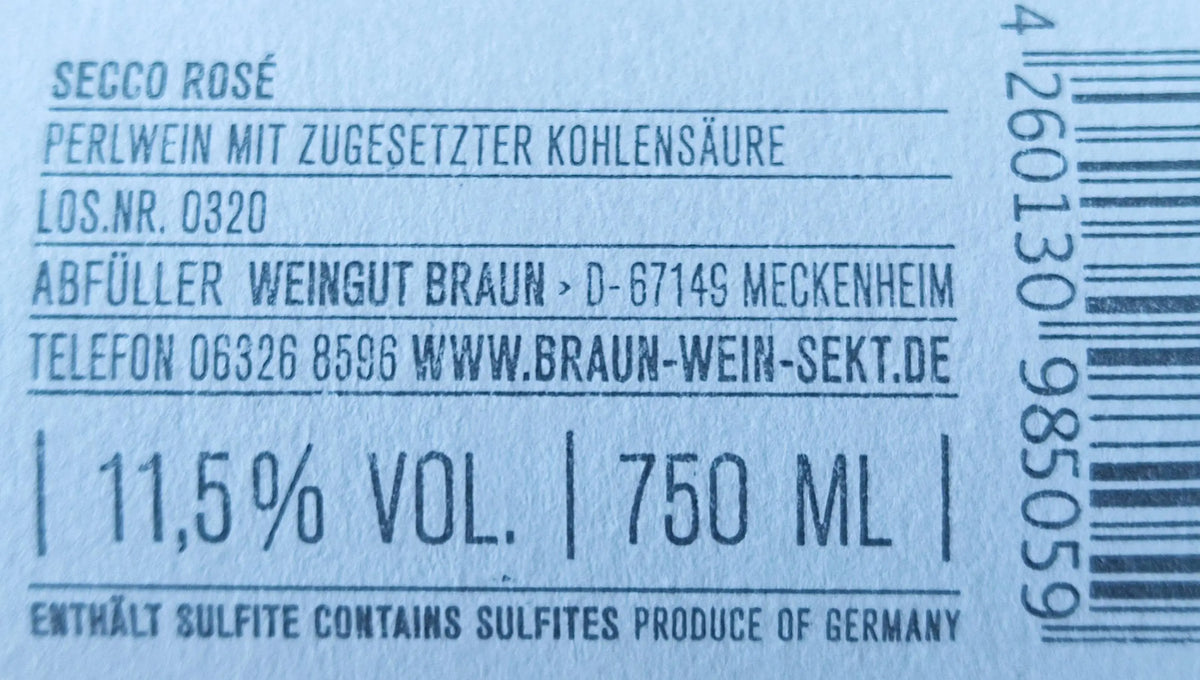Zadní etiketa – Secco rosé frizzante Braun