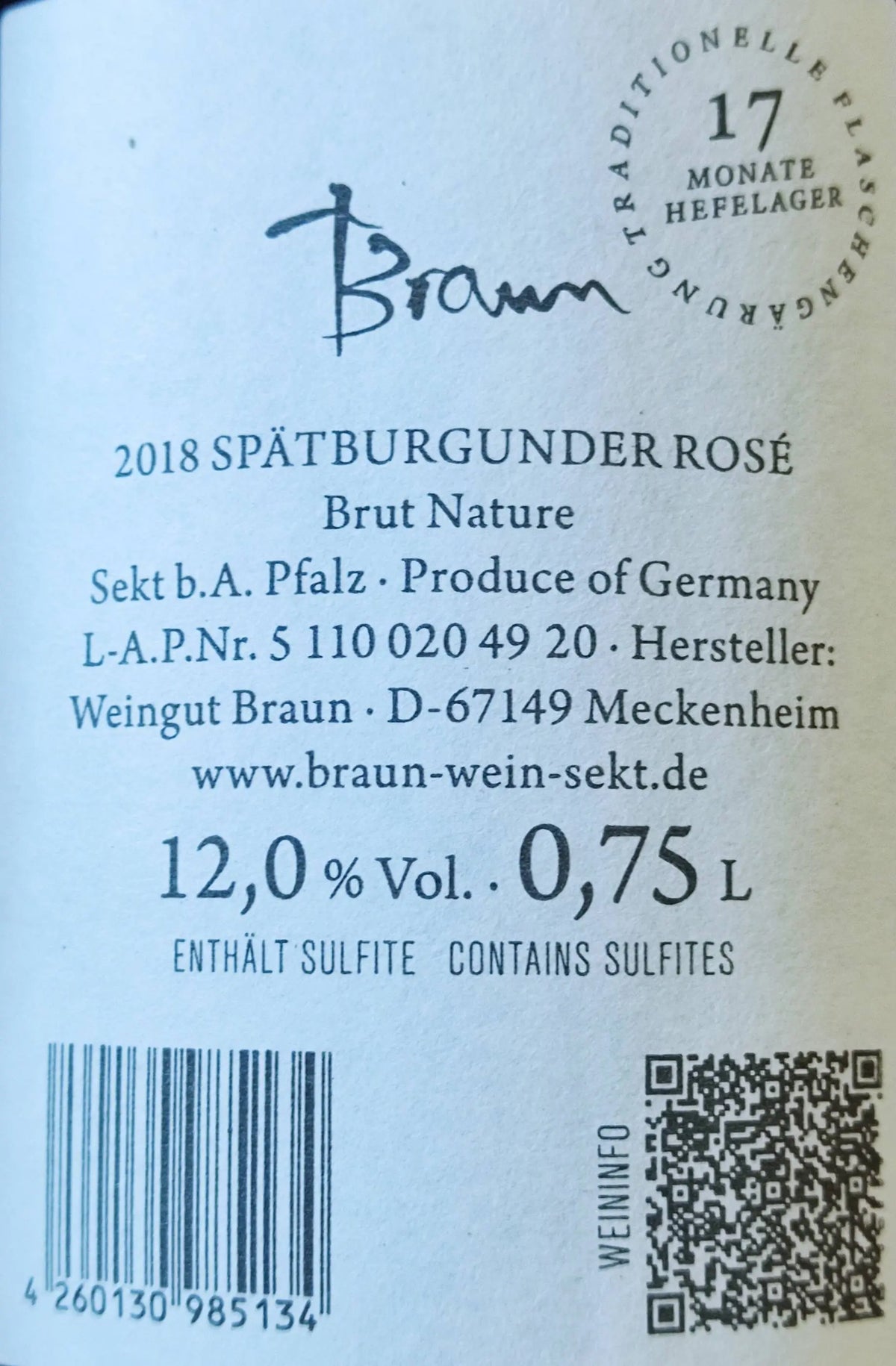 Zadní etiketa – Sekt Pinot noir rosé