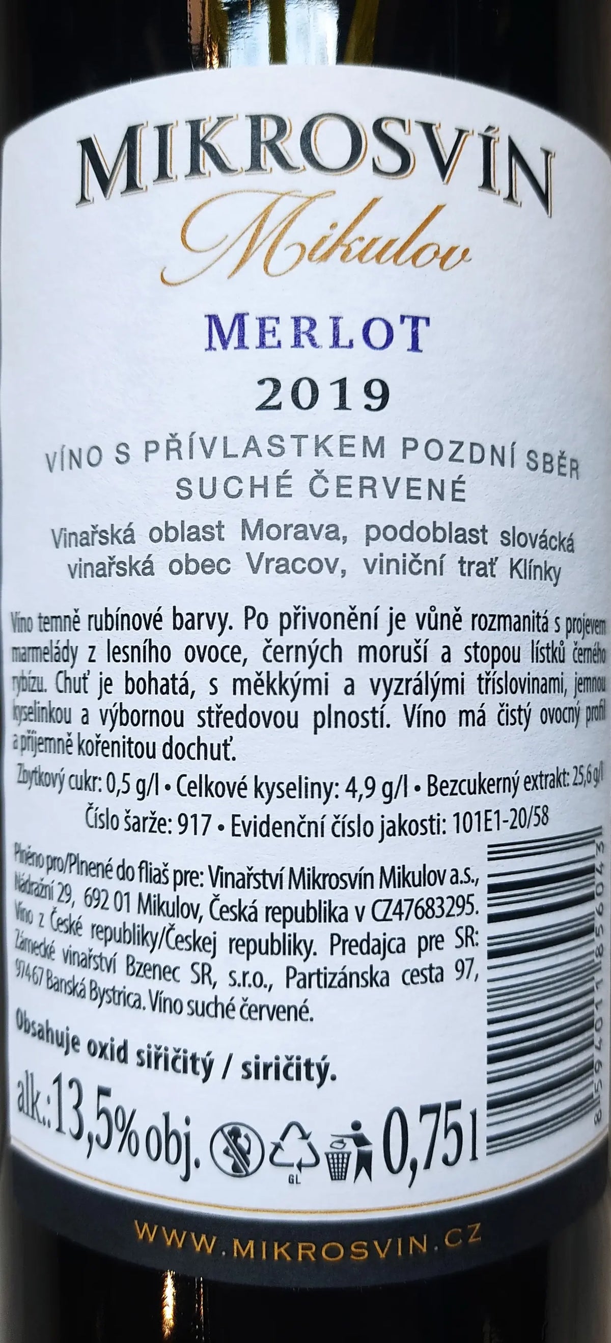 Zadní etiketa – Merlot