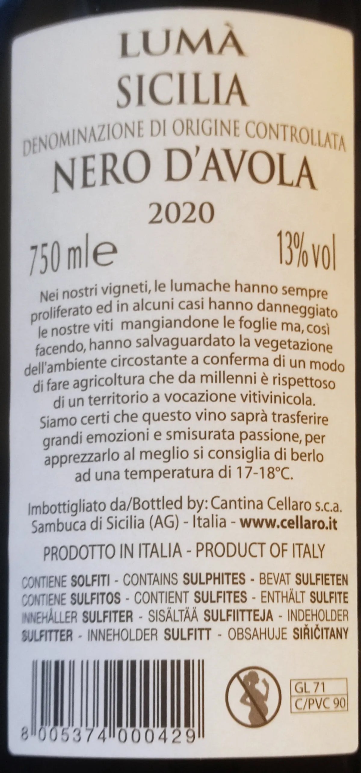 Zadní etiketa – Nero d´Avola "Luma", Cantine Cellaro