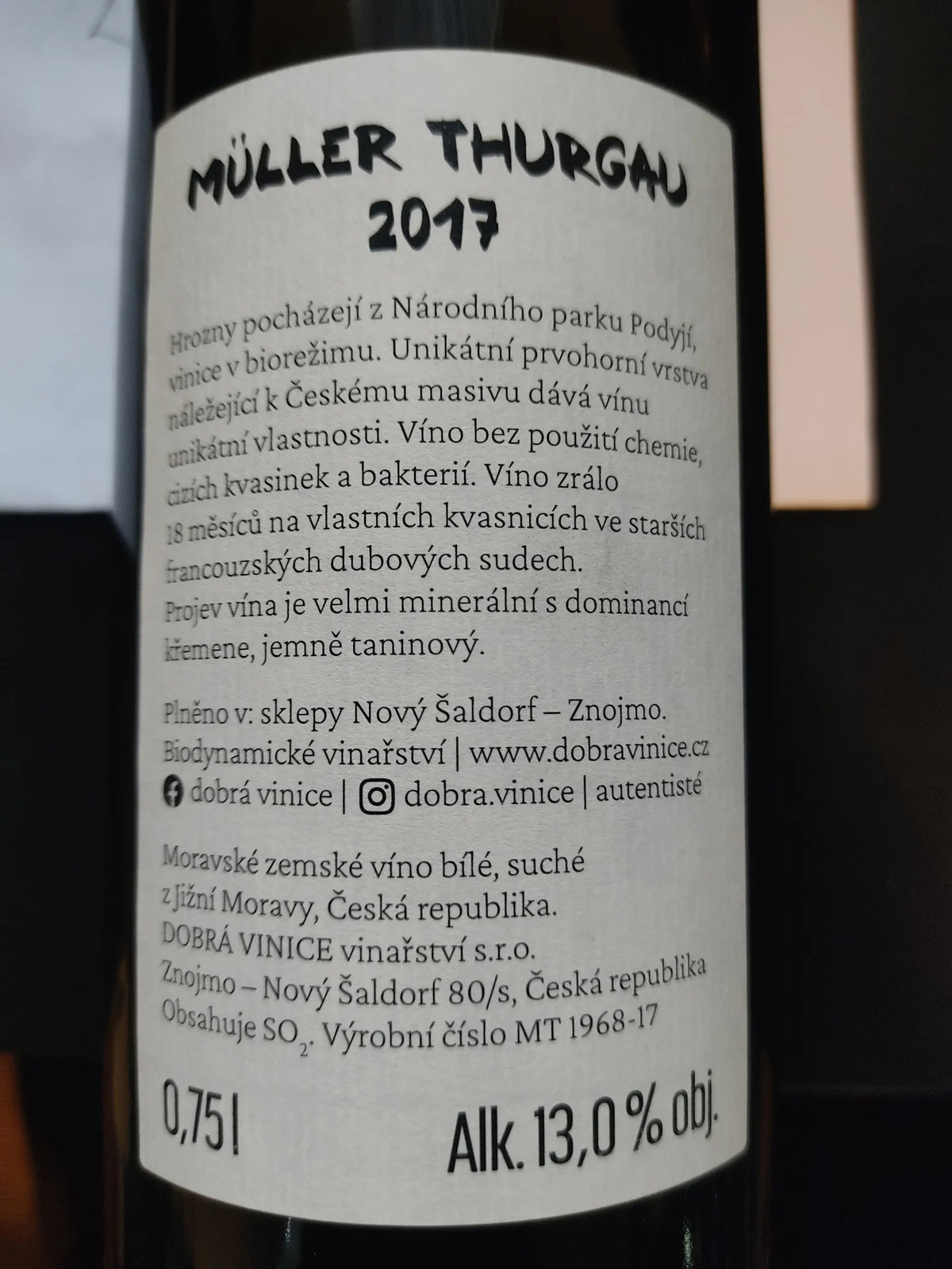 Zadní etiketa – Müller Thurgau