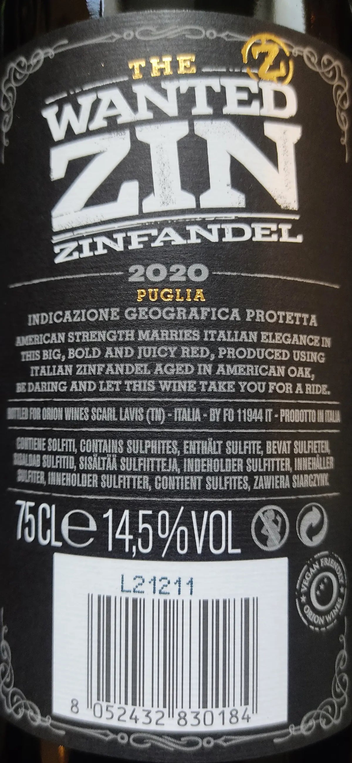 Zadní etiketa – THE WANTED ZIN Primitivo