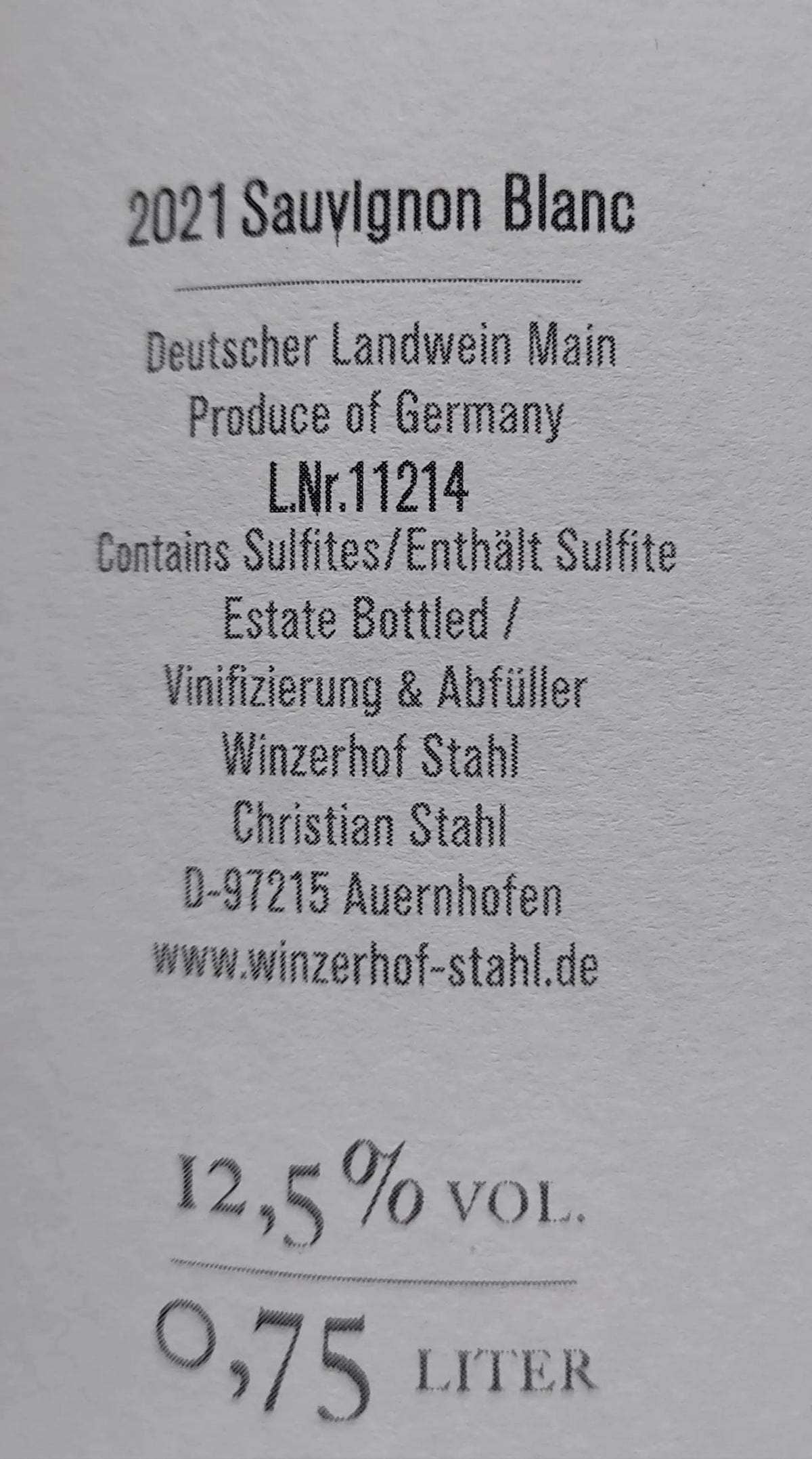 Zadní etiketa – Sauvignon blanc