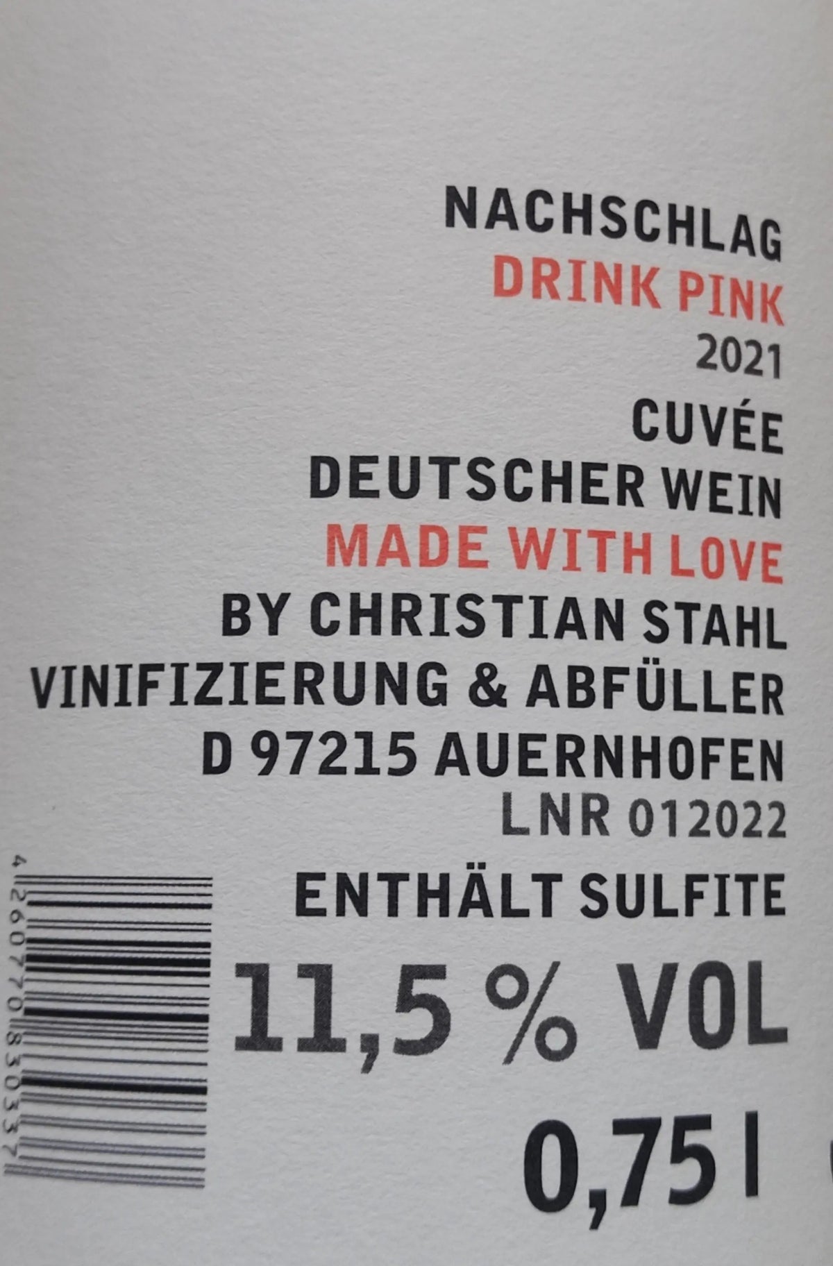 Zadní etiketa – Rosé NACHSCHLAG ''drinkpink''