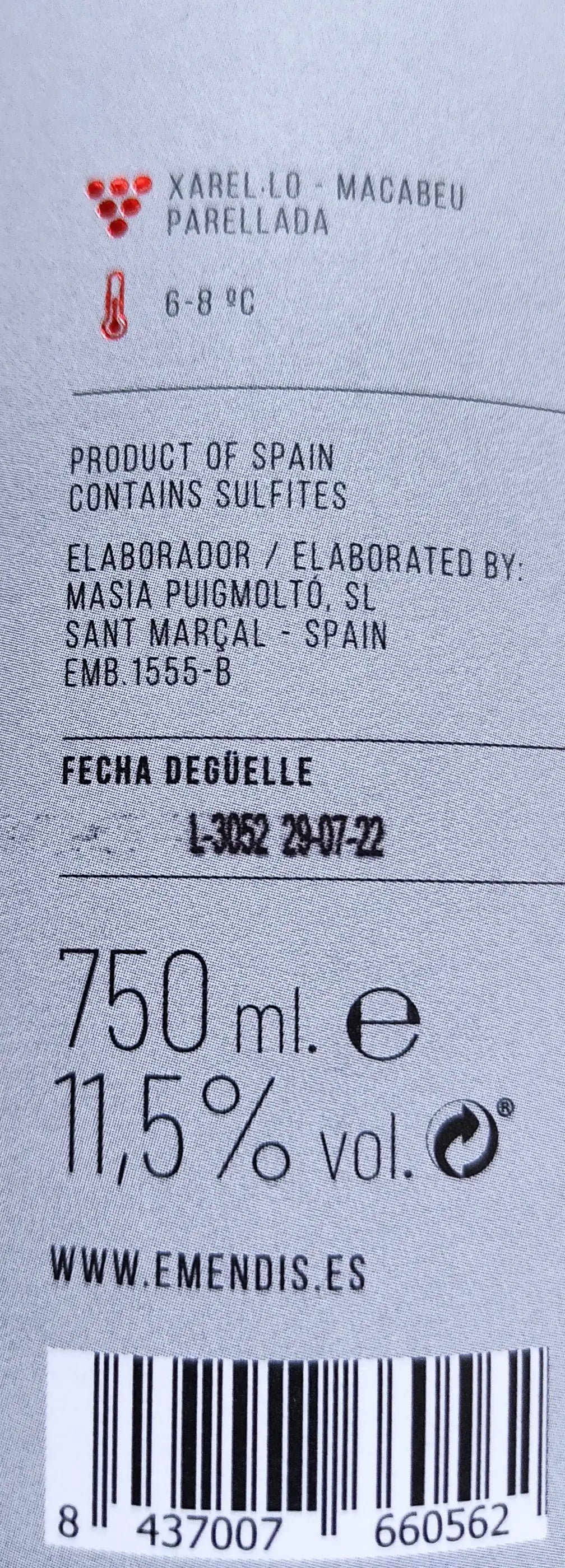 Zadní etiketa – Cabró Cava Brut Nature