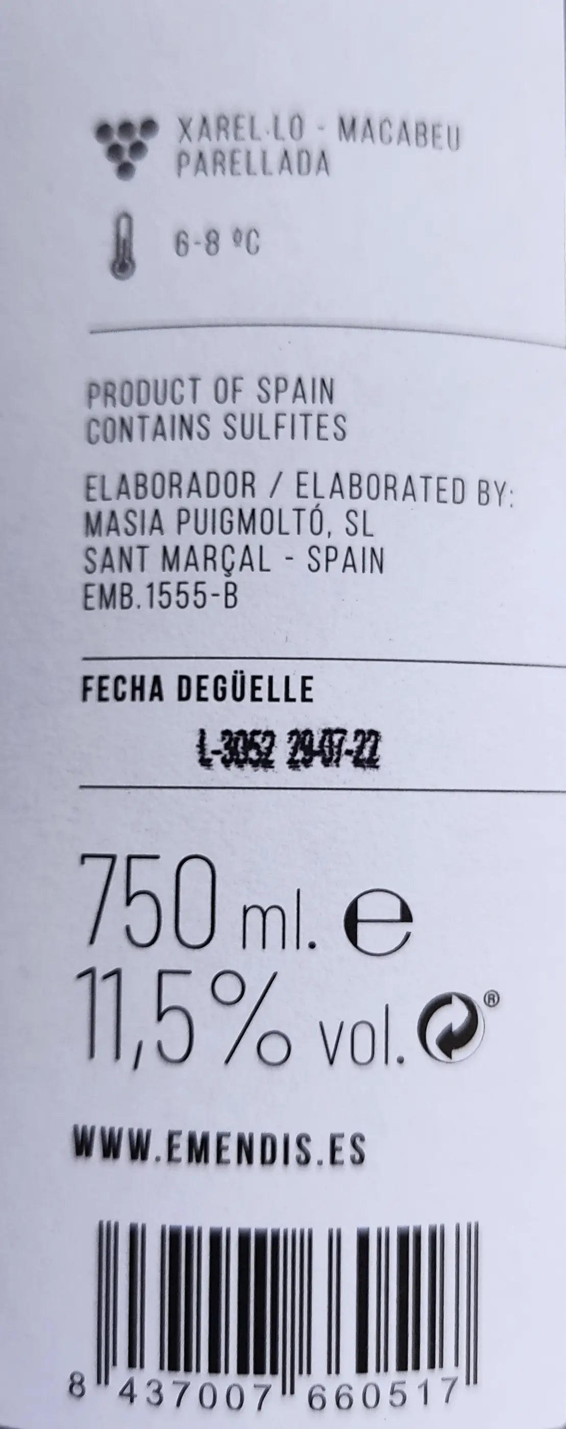 Zadní etiketa – Cabró Cava Brut