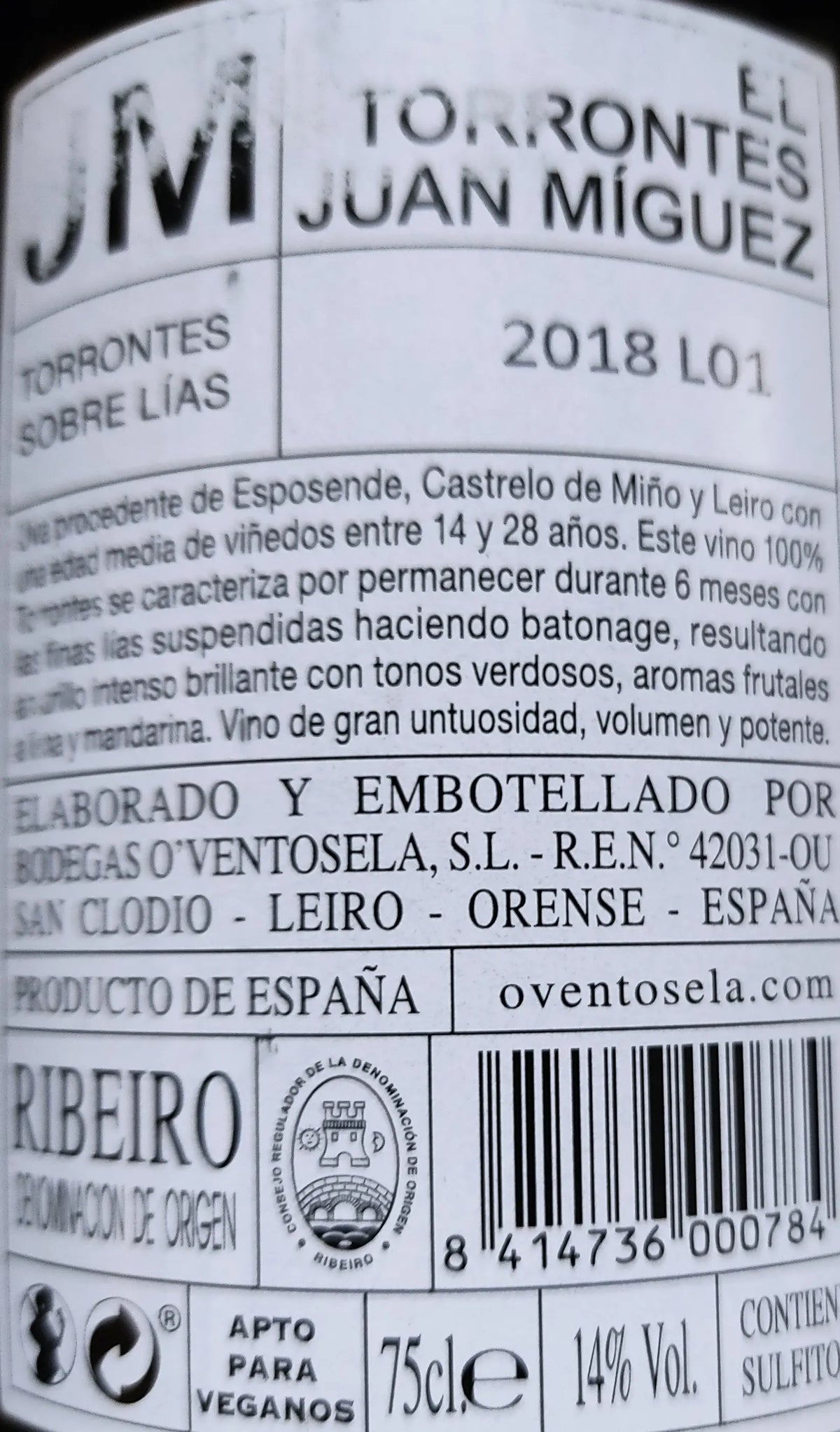 Zadní etiketa – El Torrontes-Juan Míguez