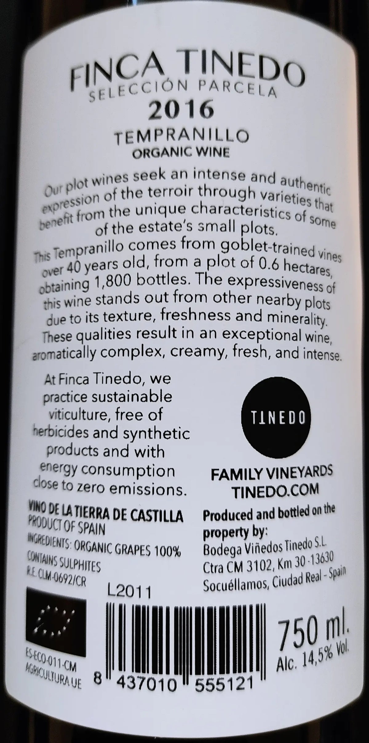Zadní etiketa – Tempranillo Selección Parcela