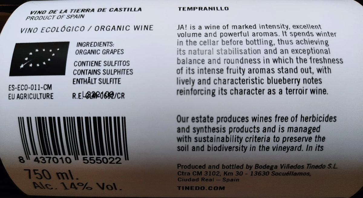 Zadní etiketa – JA! Tempranillo