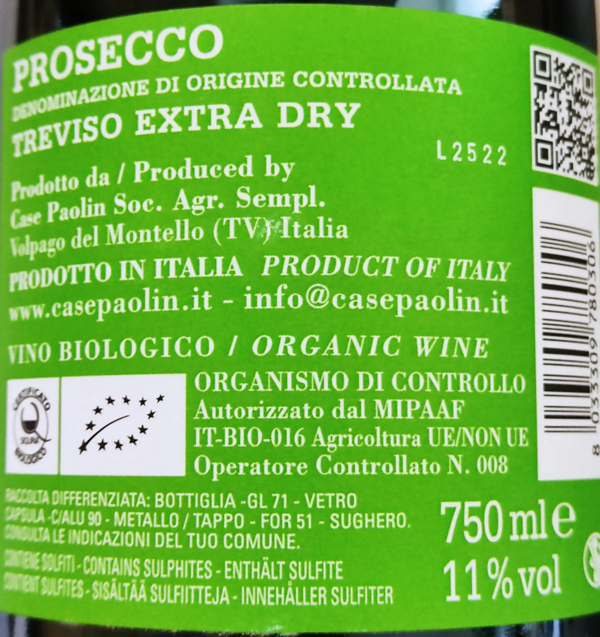 Zadní etiketa – BIO Prosecco Spumante Extra Dry